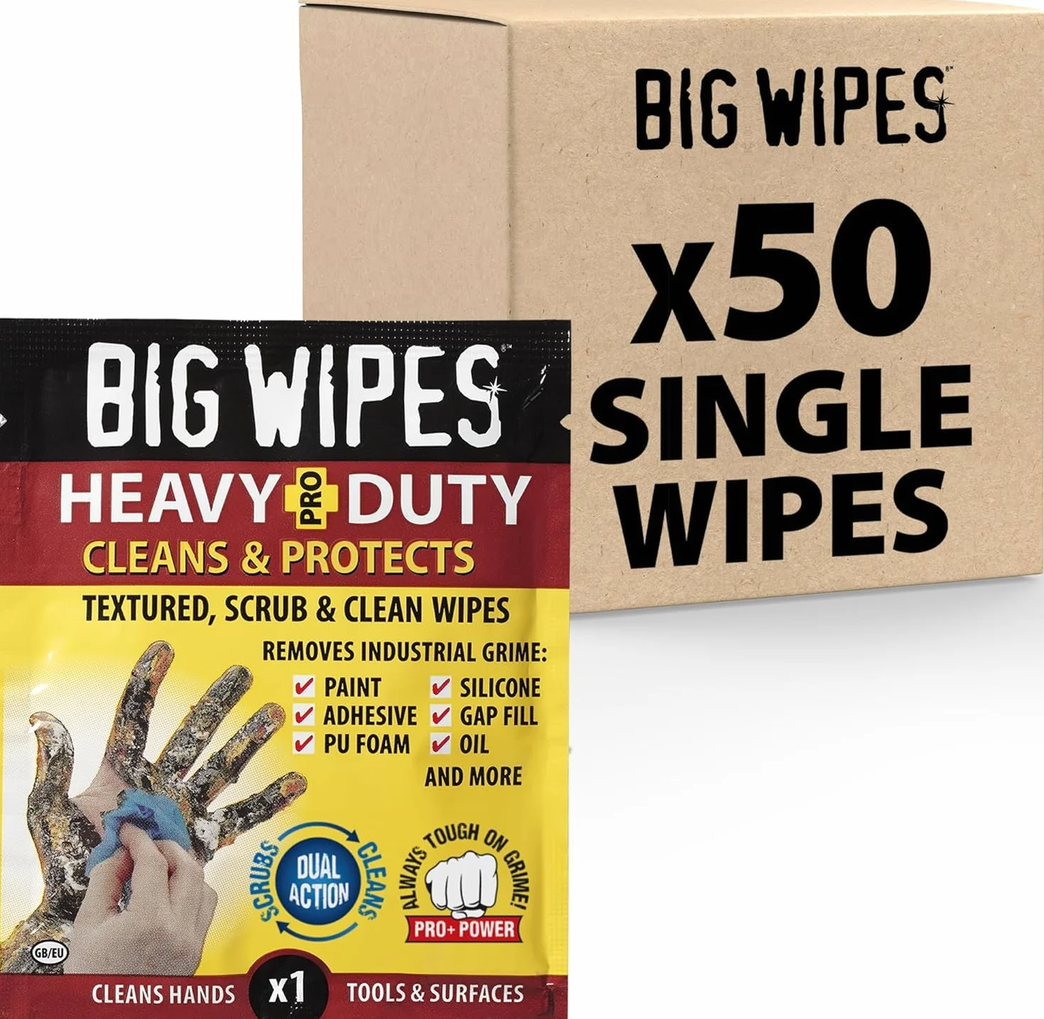 Big Wipes Heavy Duty Pro+ Salviette per le mani x50 bustine singole, rimuove vernice, olio, schiuma PU, adesivi, aloe vera, vitamina E, salviette professionali bifacciali