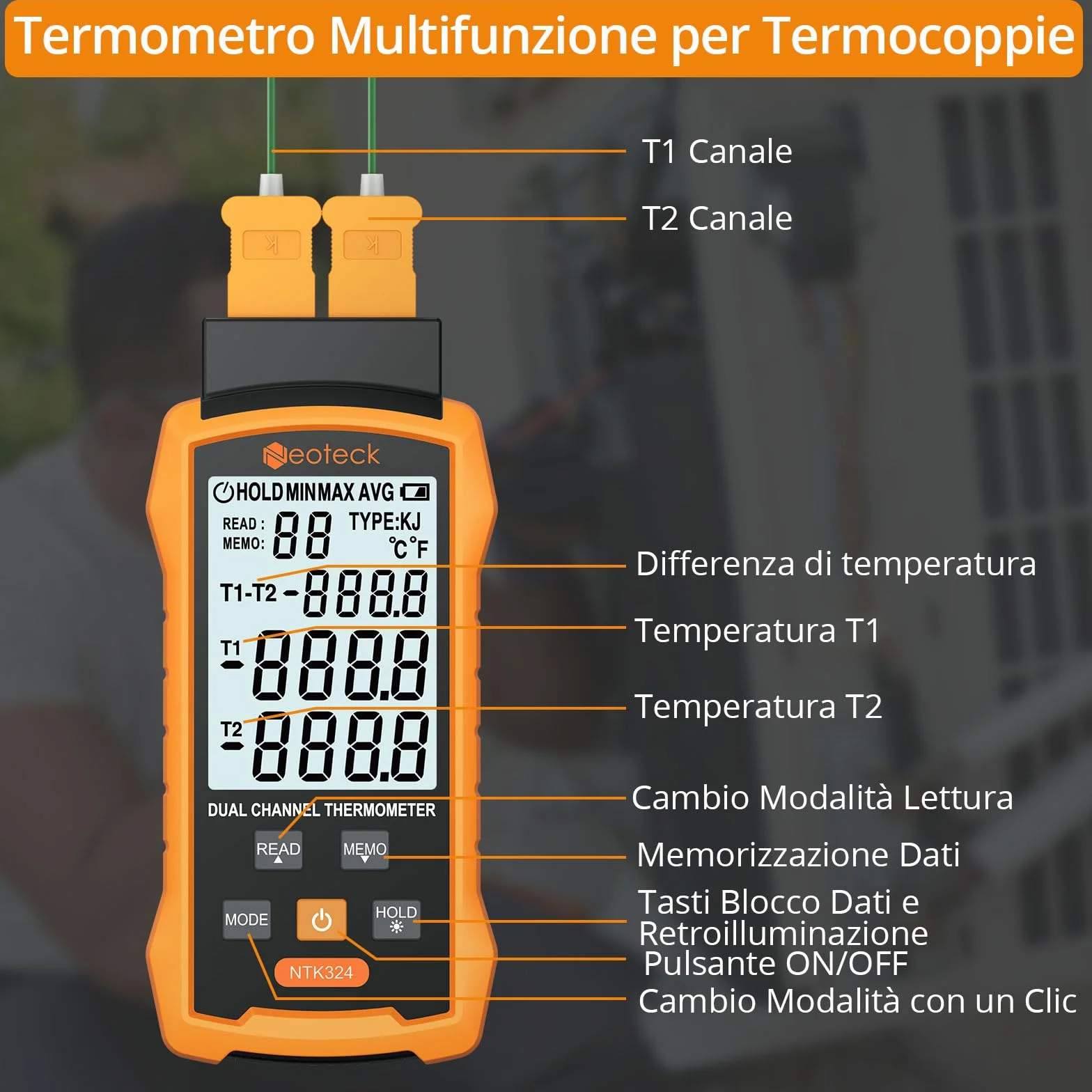 Neoteck Termometro a Doppio Termocoppia -50~1300℃ Digitale 2 Canali Tipo K/J con 4 Sonde, Memoria 99 Dati, Display LCD Retroilluminato per HVAC