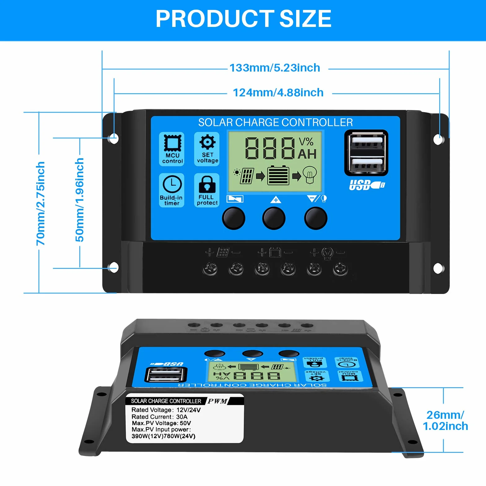 Thlevel Regolatore di Carica Solare PWM 30A 12V 24V Intelligente con Display LCD e Doppia Porta USB per Batterie al Piombo