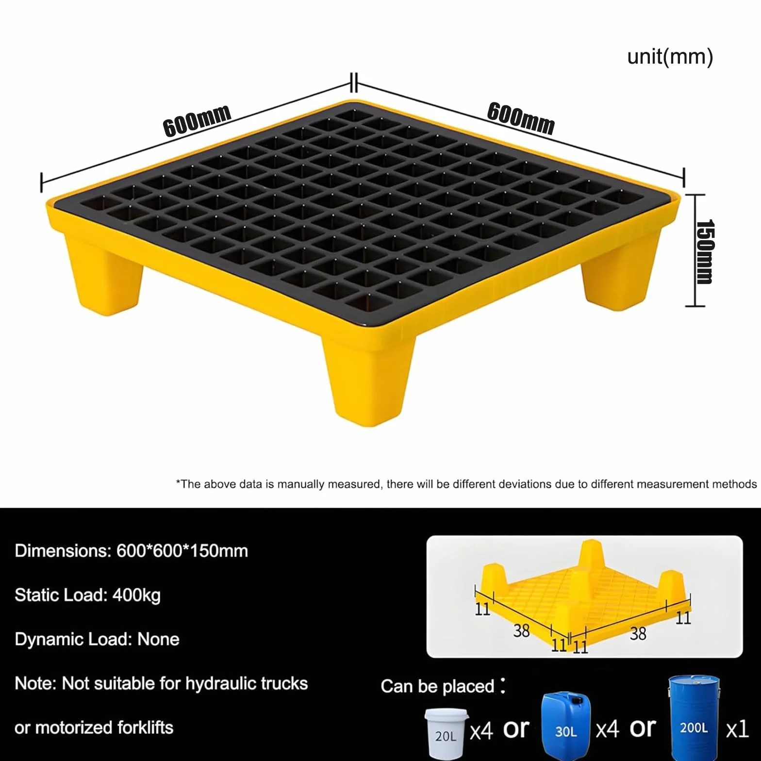 Vasca di contenimento Olio Anti-sversamento chimico con griglia rimovibile, in plastica antiperdita impilabile facile da pulire per laboratorio officina e industria(60 * 60 * 15cm)