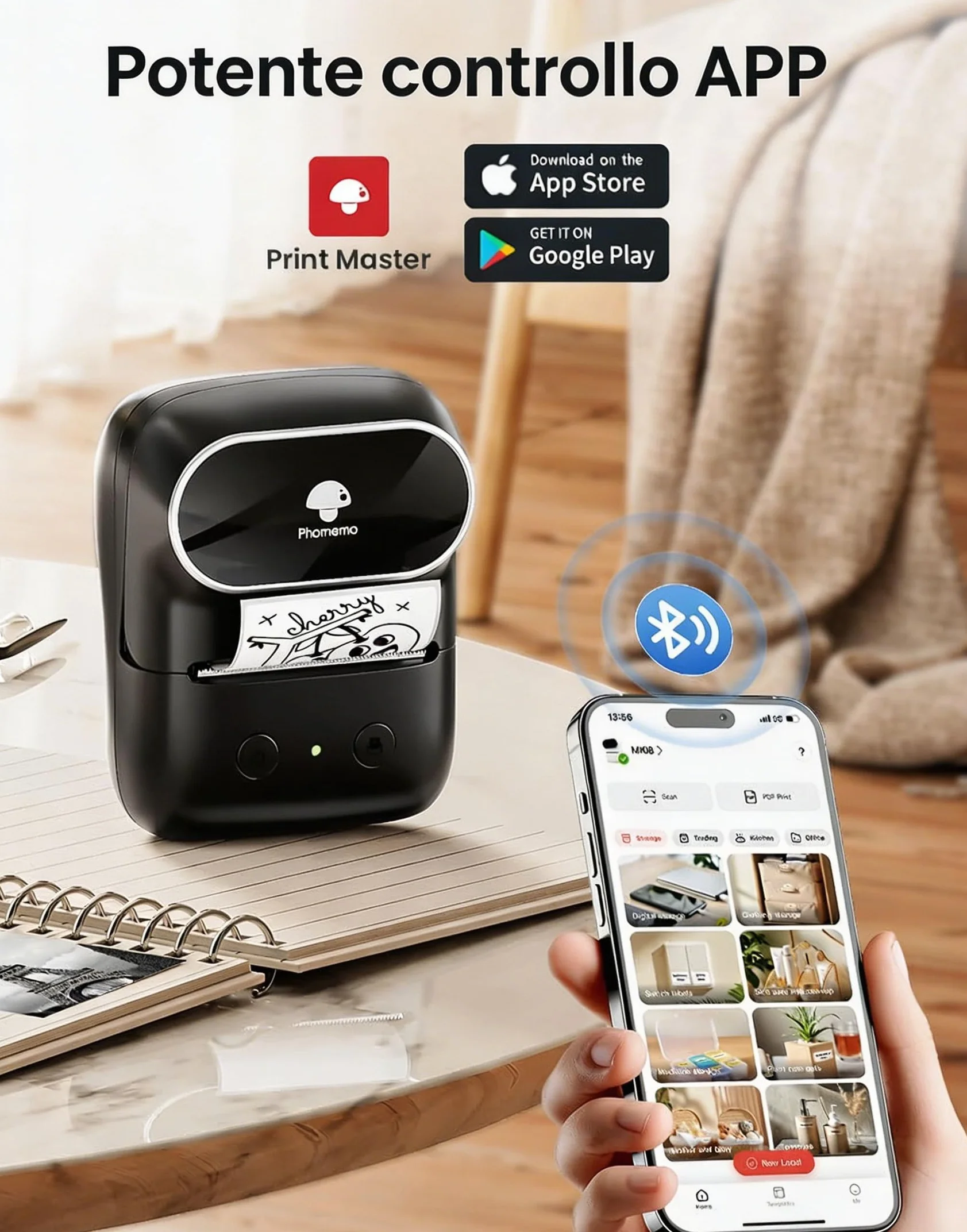 Phomemo M108 Etichettatrice Bluetooth, Portatile Stampante Etichette Adesive Termica Etichettatrice Etichette Adesive per Codici a barre,Cucina,negozi, Compatibile con iOS Android e PC, Nero