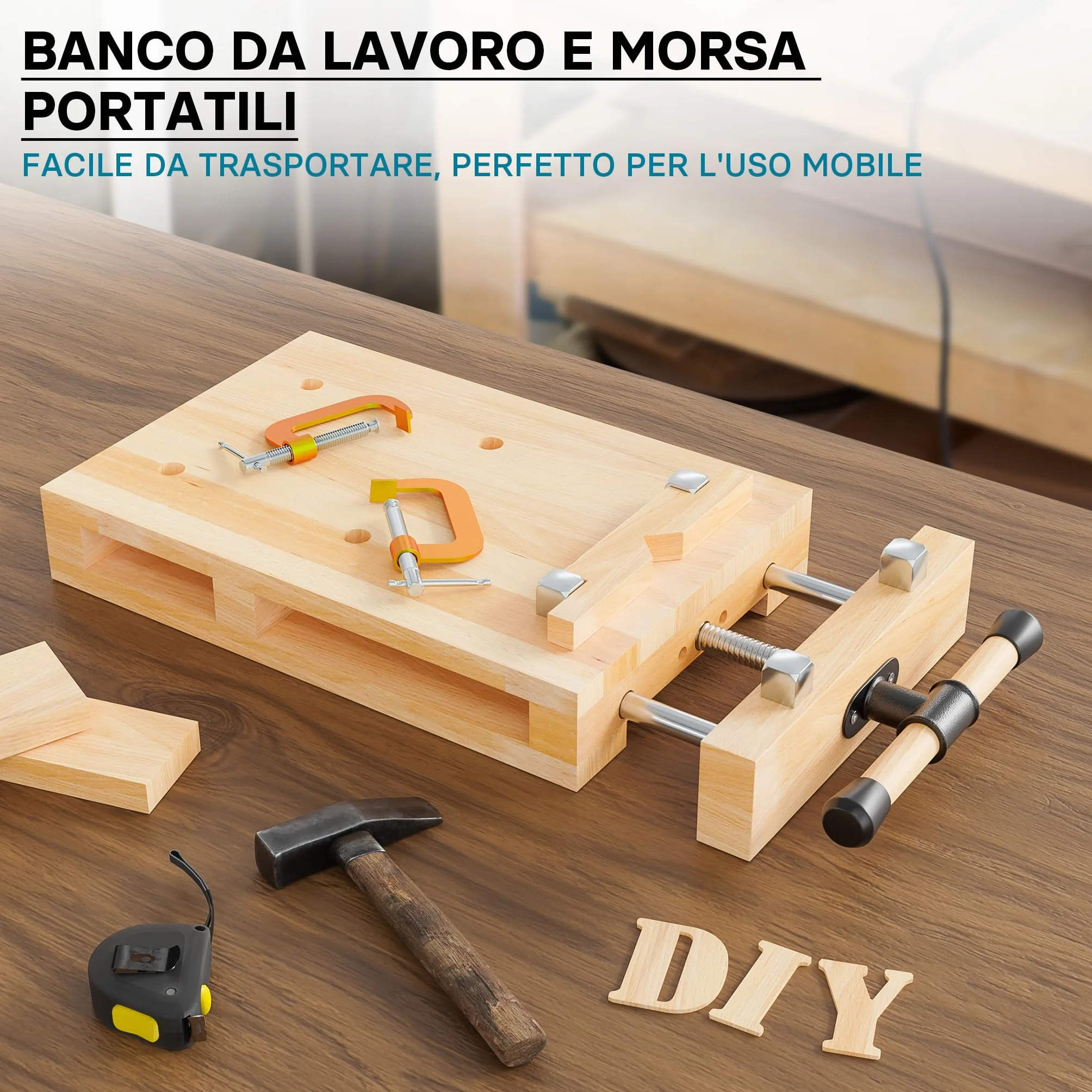 Wiltec Banco da lavoro portatile con morsa Mini tavolo di lavoro mobile in faggio con morsetti