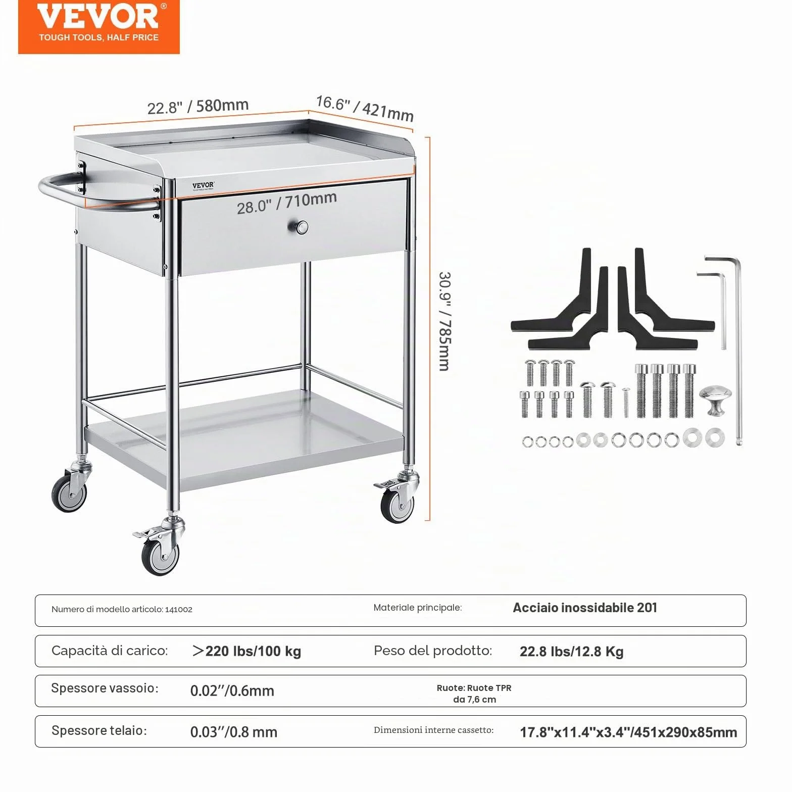 VEVOR Carrello da Laboratorio in Acciaio Inox 2 Ripiani 100kg 710 x 421 x 785 mm