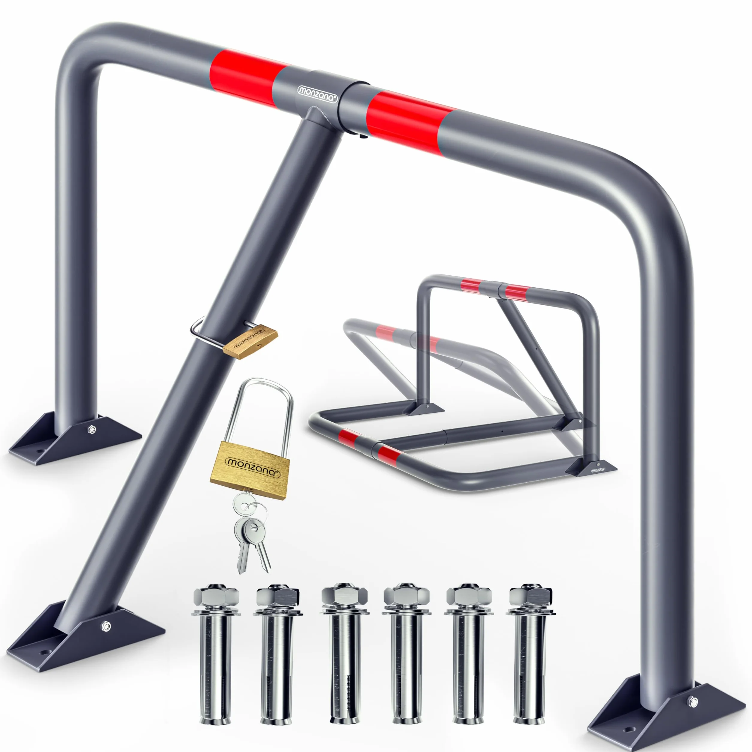 DEUBA® Sbarra Parcheggio Dissuasore 3 Chiavi Lucchetto Pieghevole Acciaio Robusto Barriera Sosta per Posteggio Posto Auto Catena Sbarramento