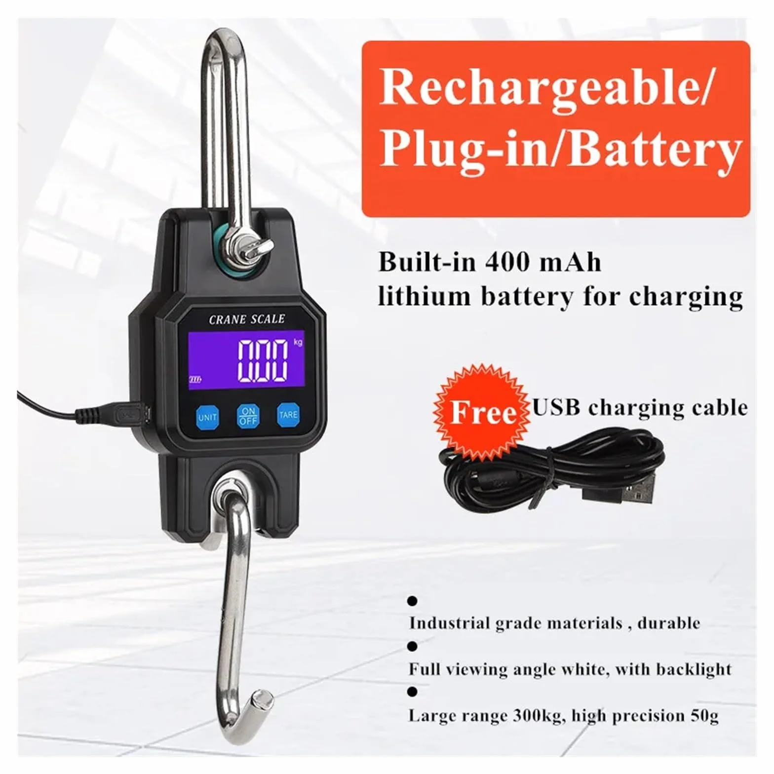 Bilancia sospesa Bluetooth 300 kg/50 g digitale ricaricabile gancio sospeso acciaio inossidabile
