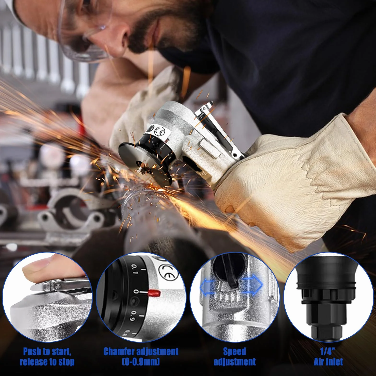 Mini macchina pneumatica per smussatura, utensile portatile a 45° per metallo e legno, guscio in lega di alluminio (6 lame R + 6 C)
