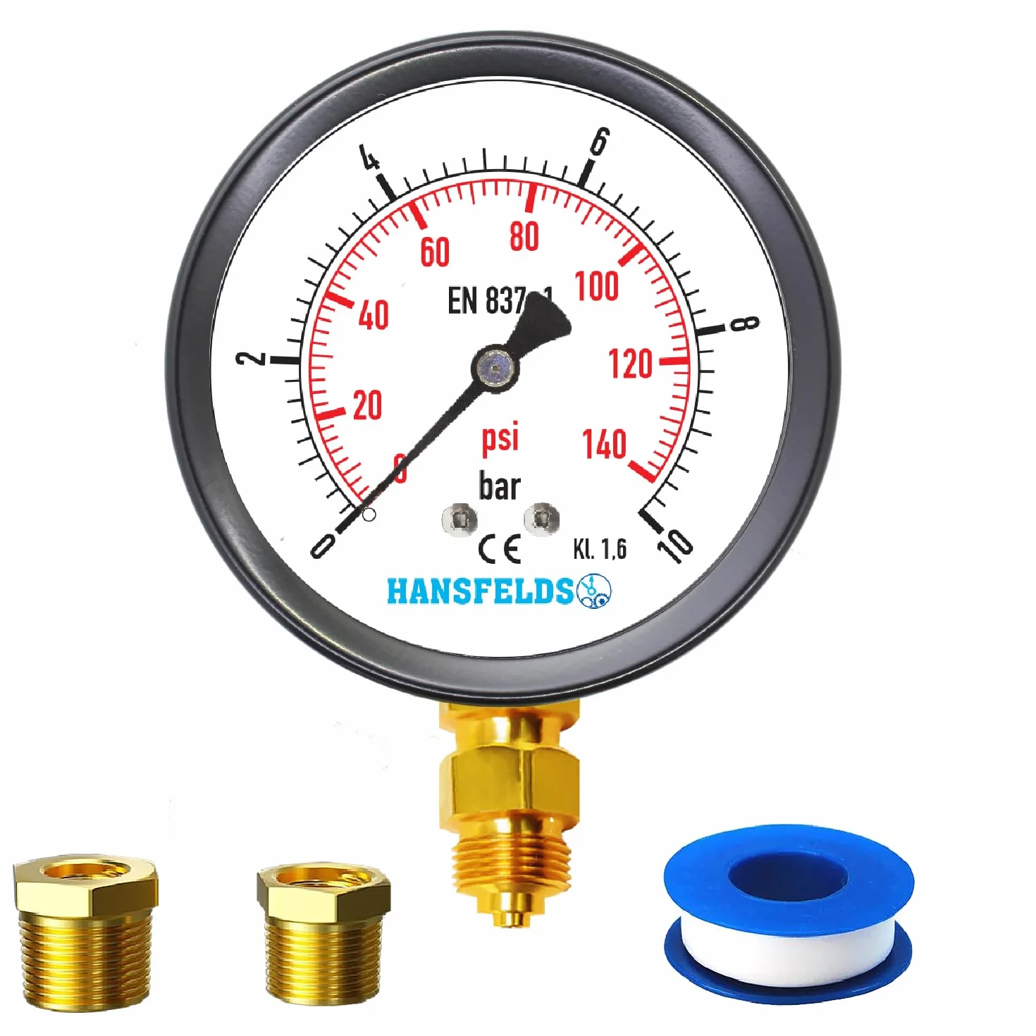Manometro Hansfeld, a secco, 0–10 bar, 63 mm BSP, attacco inferiore, finestra in vetro, interno e attacco in ottone, doppia scala bar/psi.