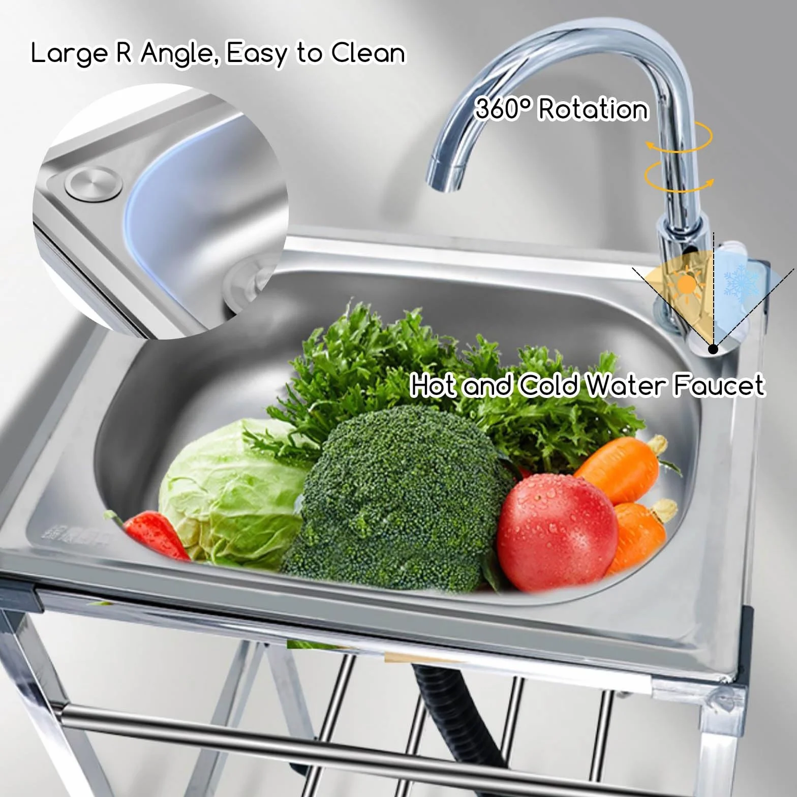 Lavello da Cucina Indipendente Con Gambe Lavello in Acciaio Inox Professionale Con Rubinetto Dell'acqua Calda E Fredda Facili Da Montare Per Ristorante Bar Lavanderia Garage Esterni ( Size : 35x48x83c