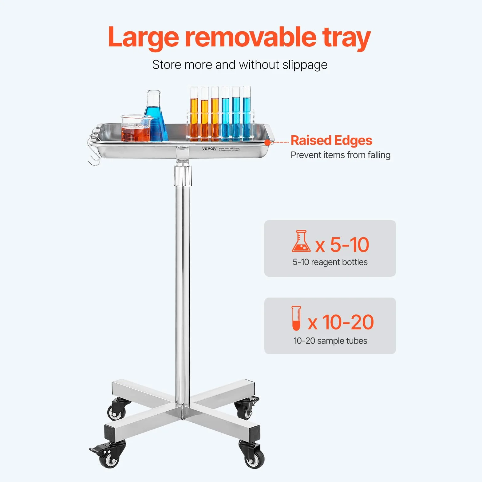 VEVOR Carrello da Laboratorio in Acciaio Inox, Regolabile in Altezza 84-132,5 cm, Carico 16kg