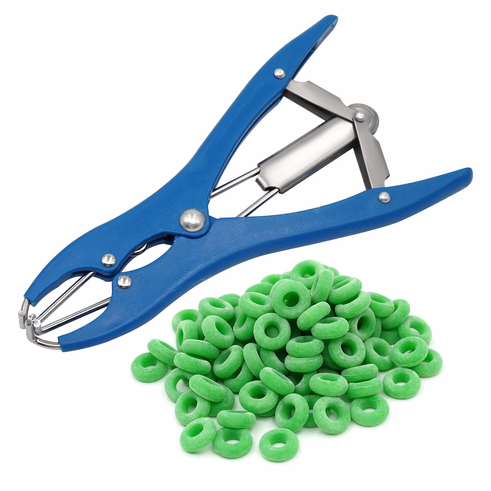 Pinza per Castrazione di Maiale Blu Offset per Pecora Bovini Pecore per Suini Attrezzatura per l'allevamento (1 Pinza e 100 Anelli)