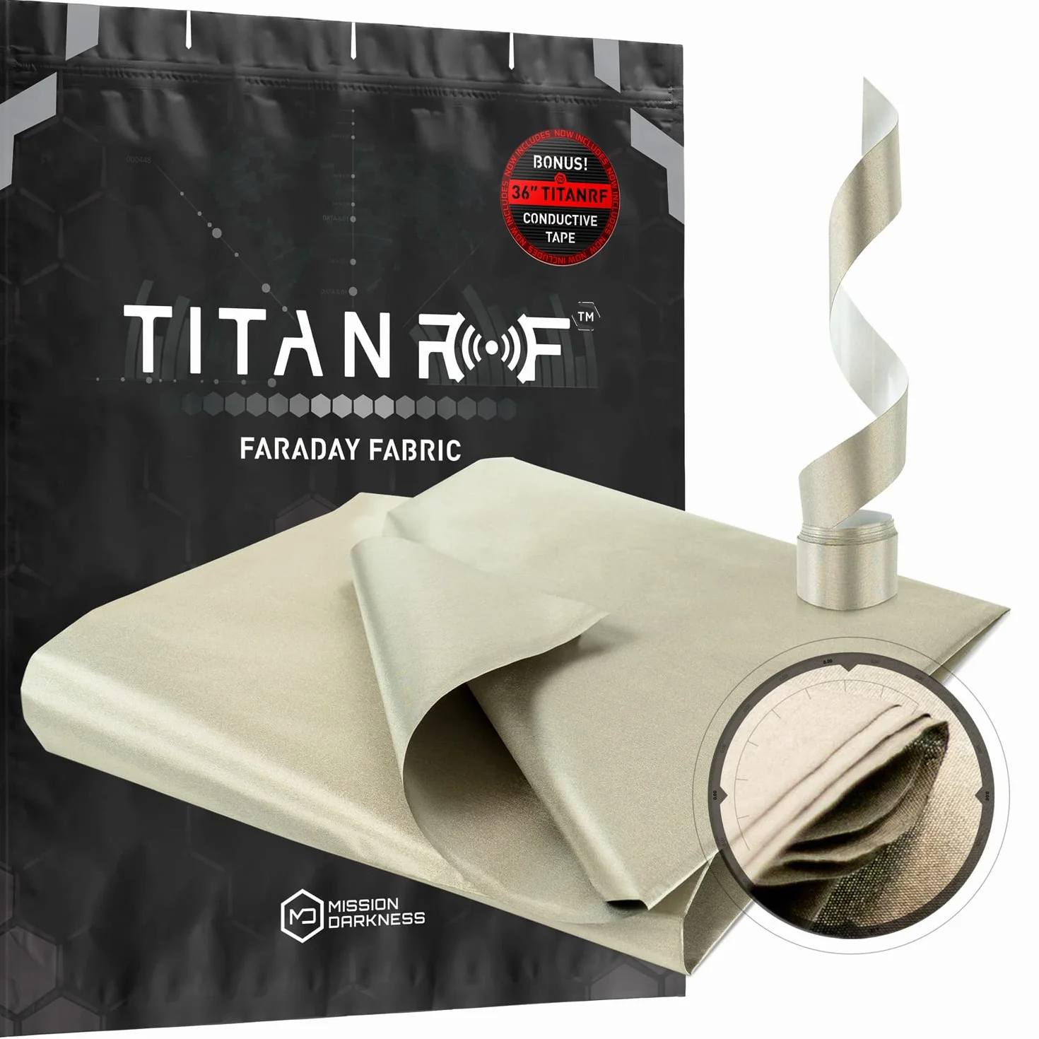 TitanRF Faraday Fabric 44" x 36" (.91m x 1.1m) + Extra 36" TitanRF Tape! Military Grade Certified Material Blocks RF Signals (WiFi, Cell, Bluetooth, RFID, EMF Radiation Shielding)