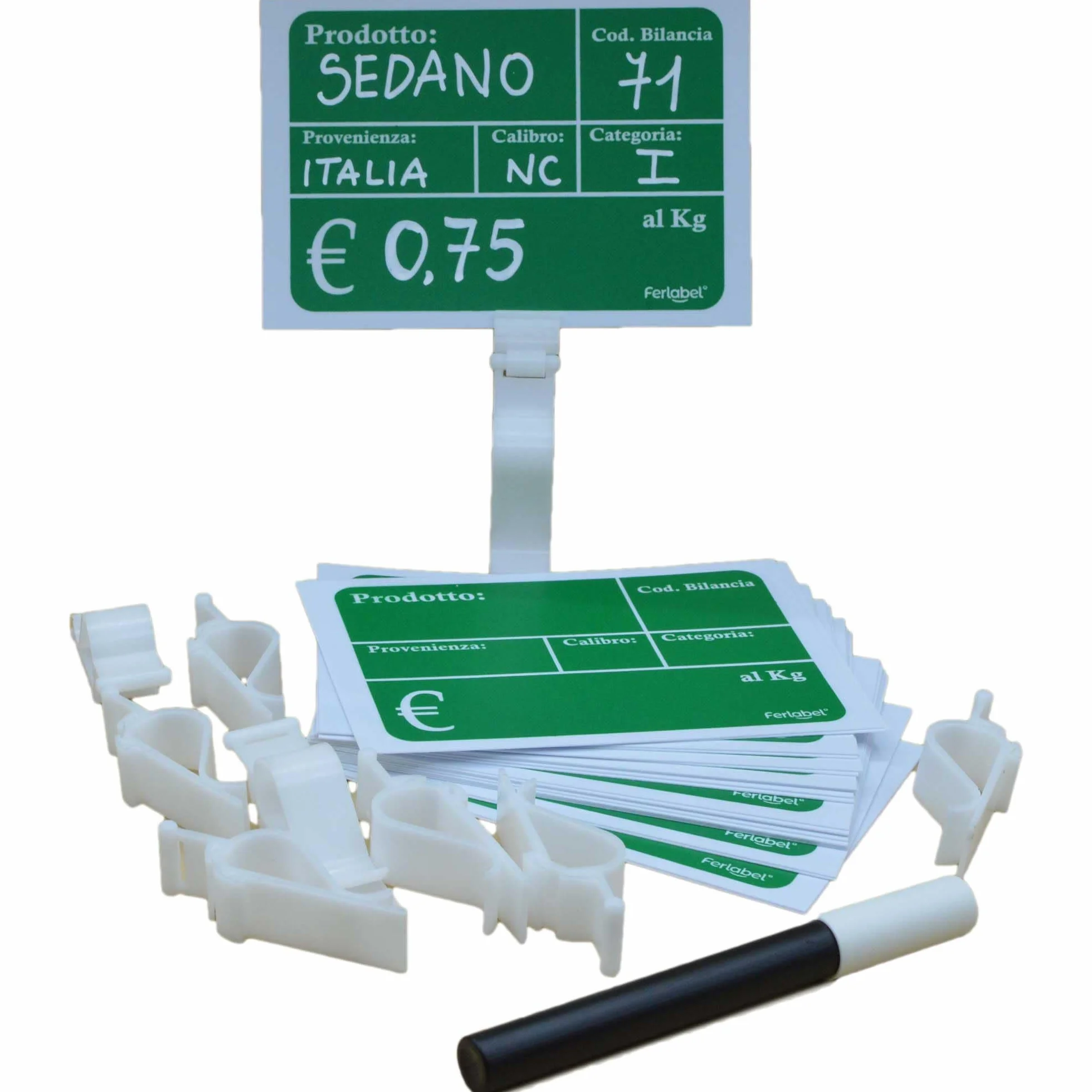FERLABEL KIT 50 PEZZI LAVAGNETTA CANCELLABILE ORTOFRUTTA + 50 MOLLETTE + 1 PENNARELLO AD ACQUA