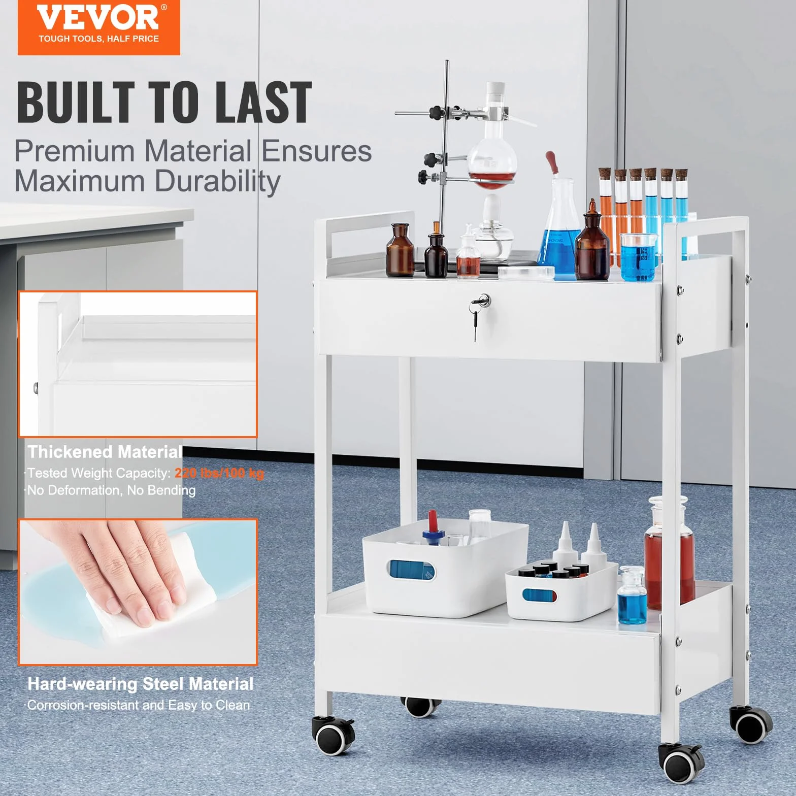 VEVOR Carrello da laboratorio in acciaio inox a 2 livelli con 2 cassetti e rotelle girevoli