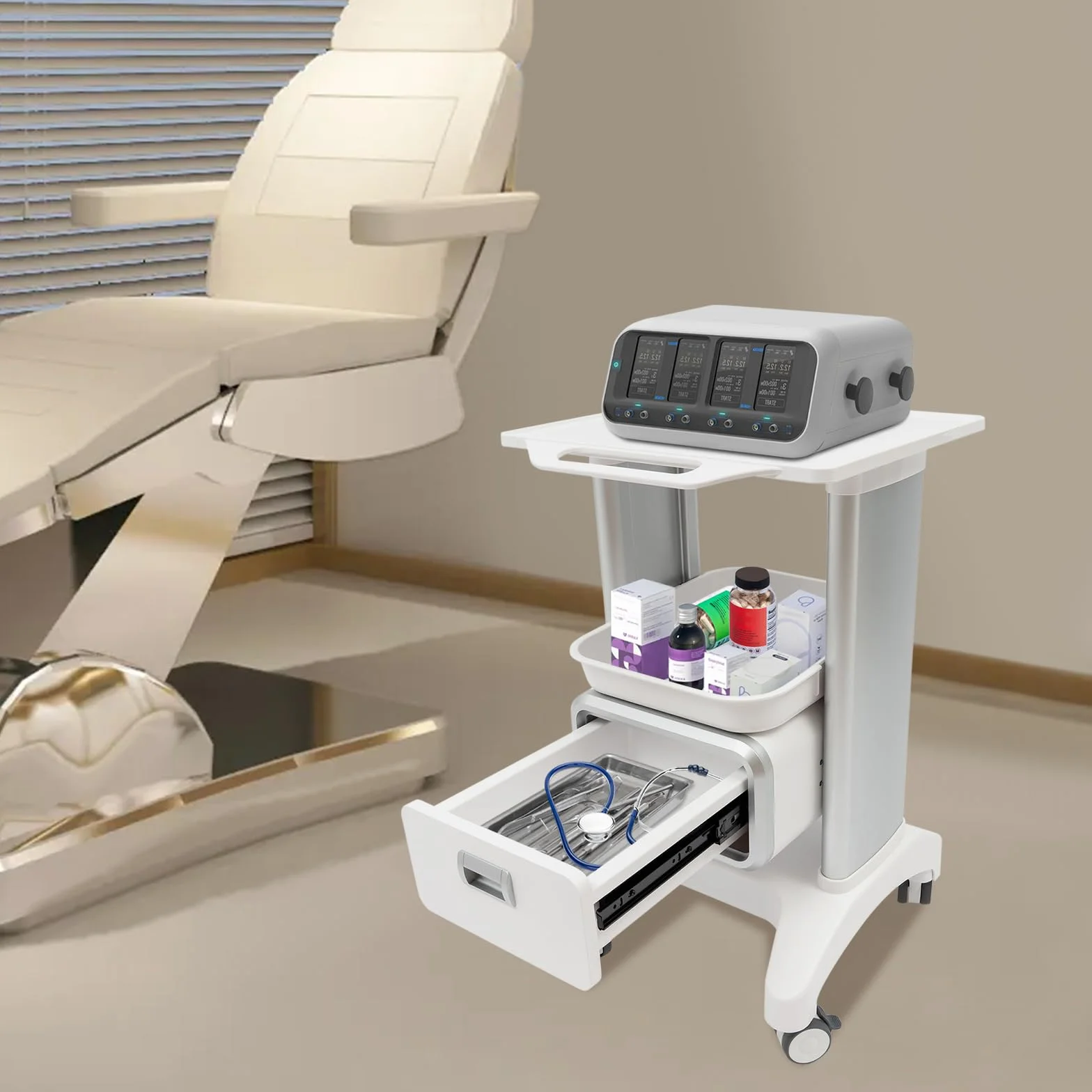 Carrello medico con cassetti, medico con 4 ruote universali a basso rumore, carrello cosmetico con 2 pallet, carrello da laboratorio medico dentale, carrello per attrezzi con vano