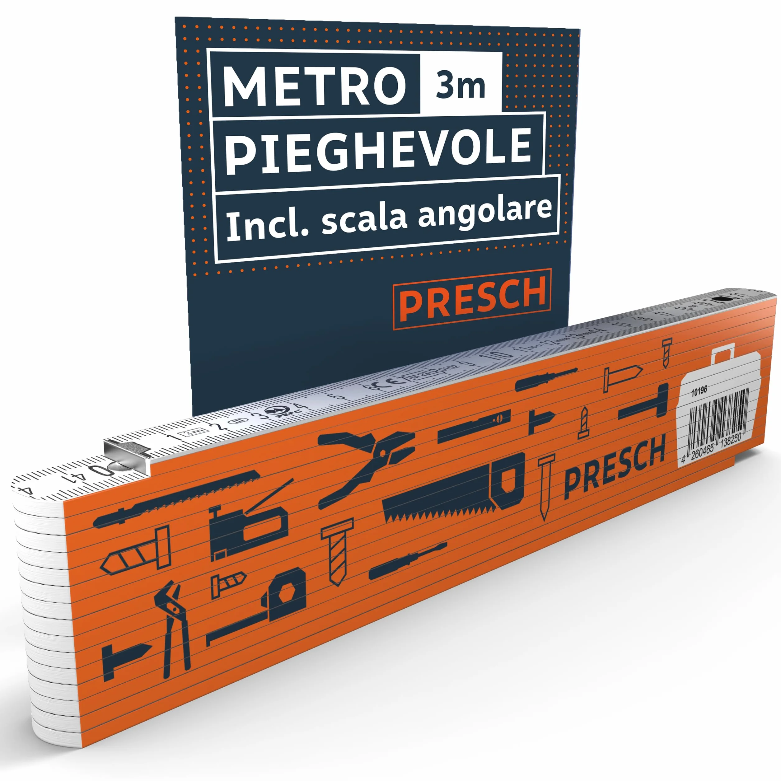 Presch Metro Pieghevole da 3 Metri con Scala degli Angoli - Legno Arancione - Numeri Grandi - Metro Righello con Motivo Strumenti