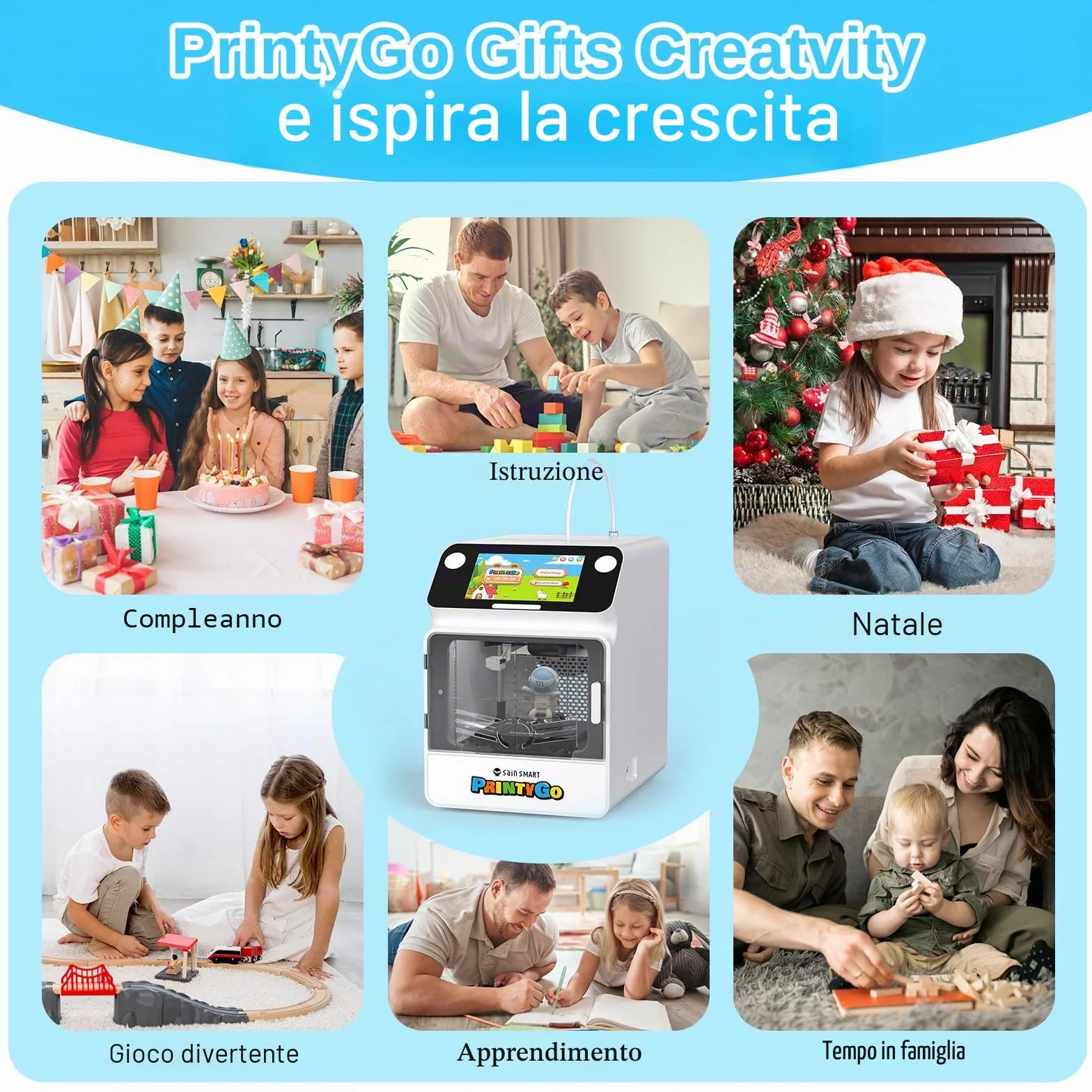 Stampante 3D PrintyGo Mini per bambini, stampante autolivellante da 600 mm/s per principianti con touch screen da 5", design sicuro per bambini, controllo Wi-Fi/app, regalo di apprendimento STEM