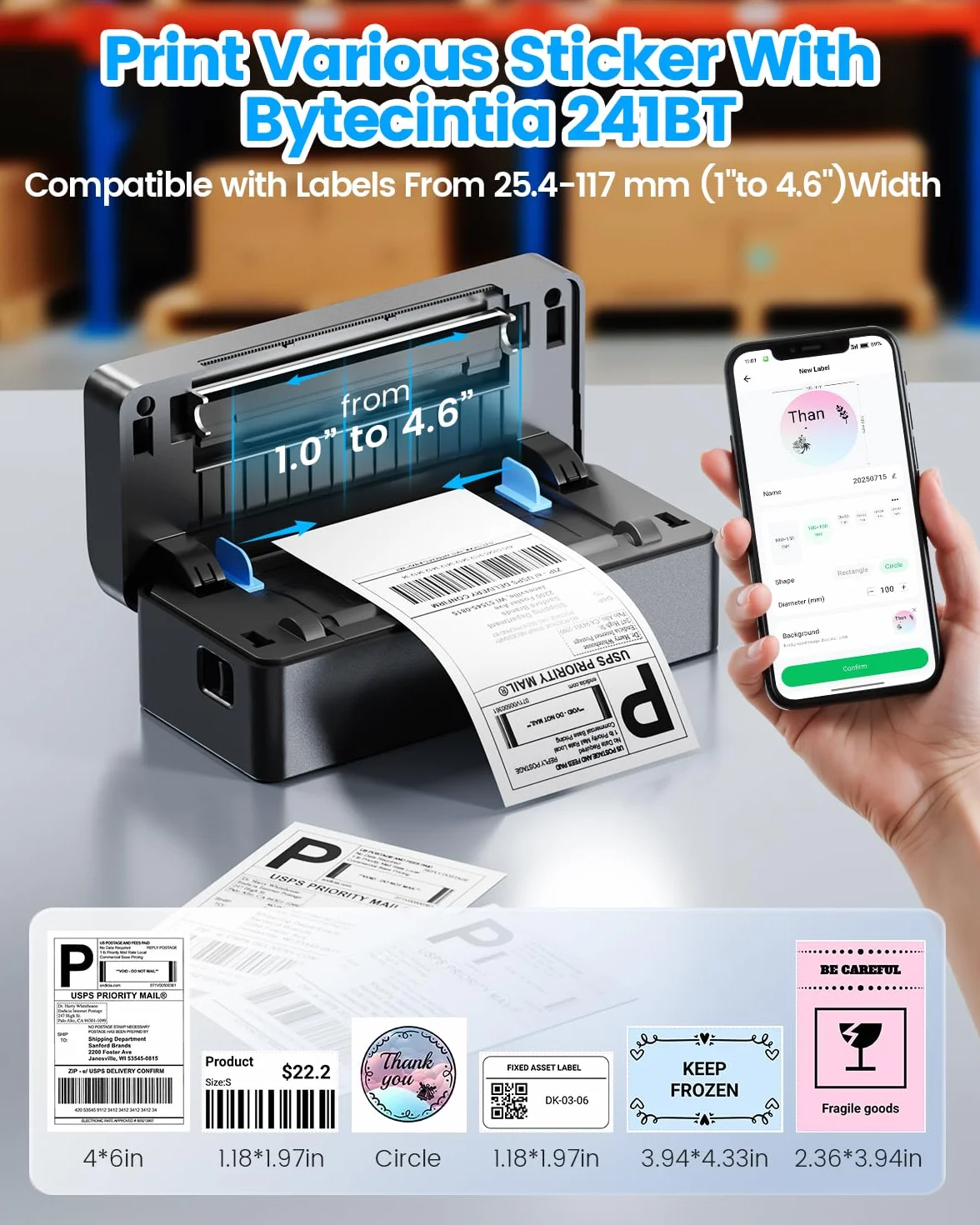 Stampante Termica Etichette Bluetooth, Stampante Etichette Spedizione 4x6 (10x15cm), Stampante di Etichette Postali per Aziende, Compatibile con Amazon, Shopify, DHL, DPD