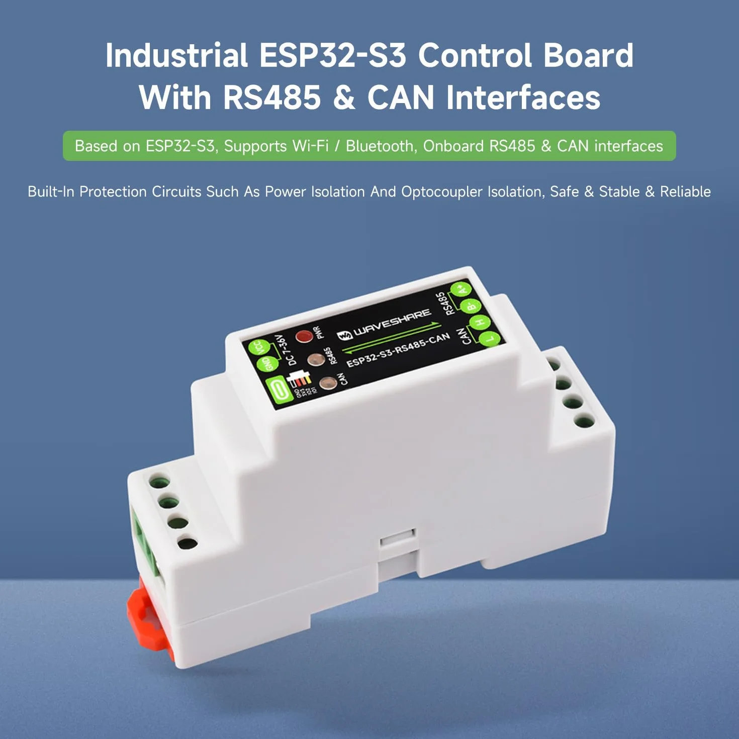 Waveshare Industrial ESP32-S3 Control Board with RS485 and CAN Communication Interfaces, Wi-Fi/Bluetooth Support, Built-in Multiple Protection Circuits