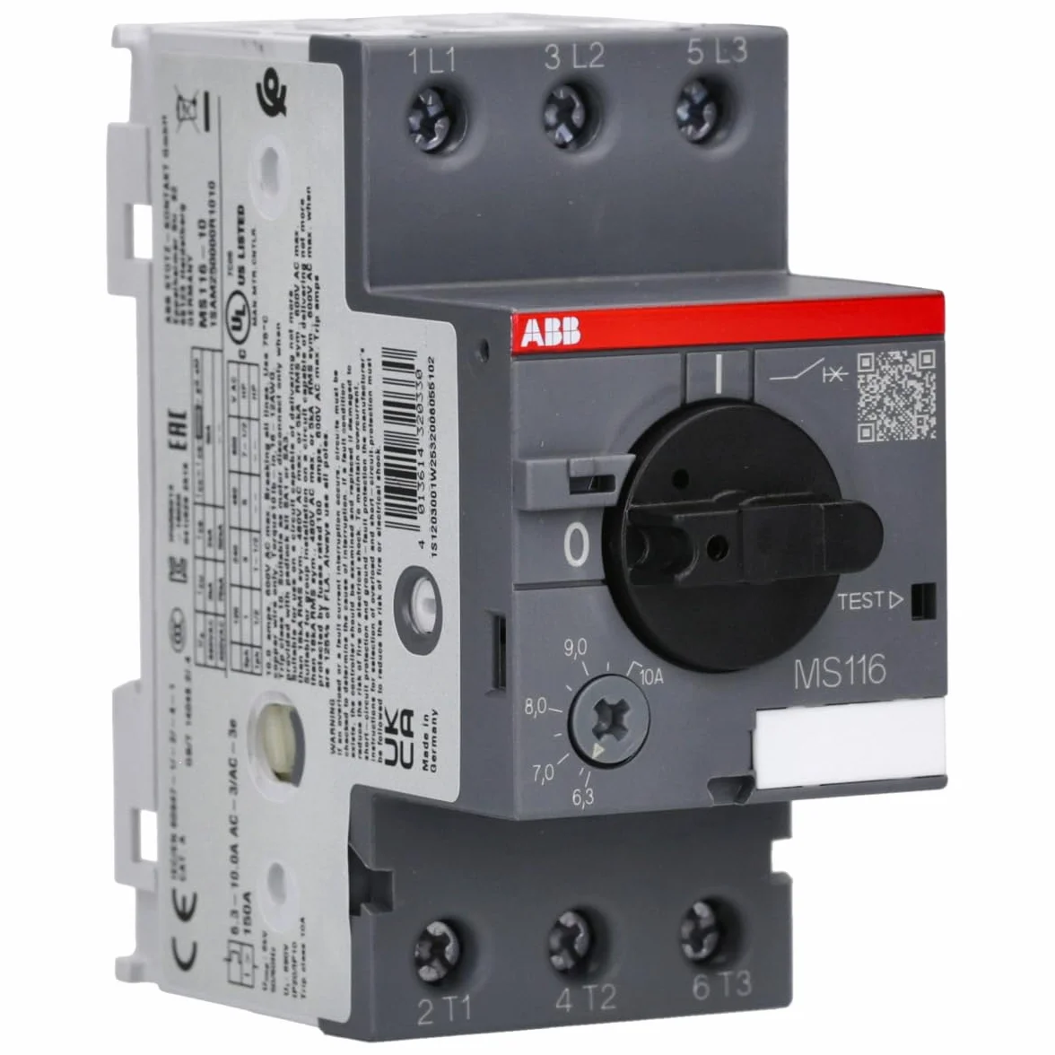 ABB MS116-10 - Avviatore manuale per motore, larghezza 45 mm, 3 poli, 690 V, 50-60 Hz (ABB1SAM250000R1010)