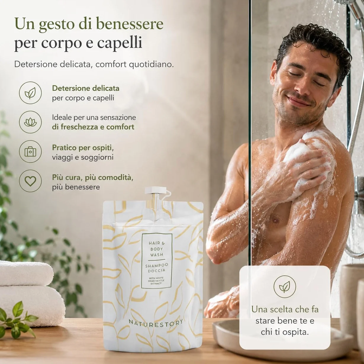 Shampoo Doccia Monodose 30 ml Doypack Richiudibile Linea Cortesia Hotel B&B Estratto Ortica Bianca Delicato Pelli Sensibili Made in Italy Eco Friendly Kit Viaggio Ospiti