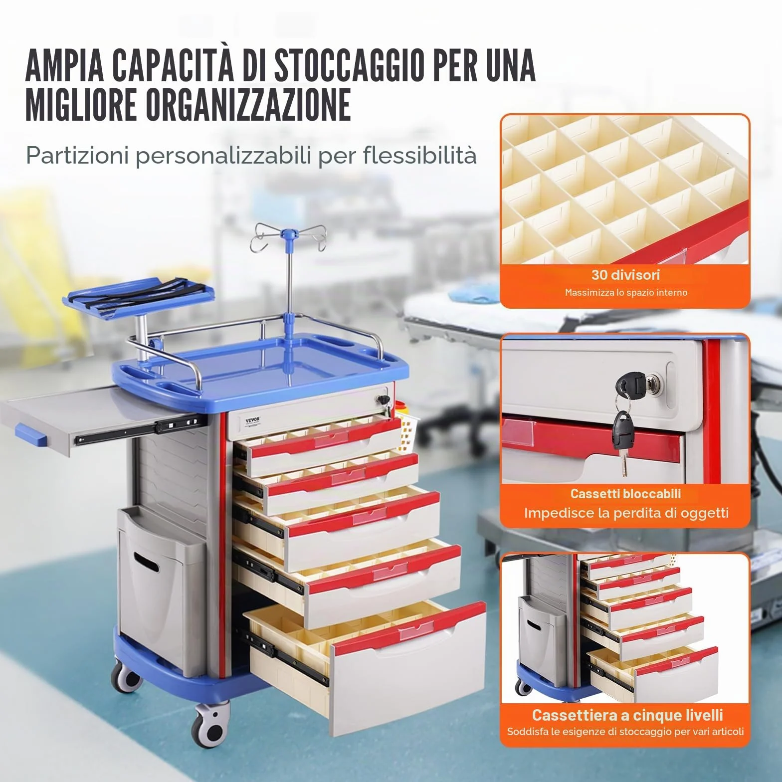 VEVOR Carrello da Laboratorio 5 Ripiani con Cassetti e Ruote Silenziose, PP, Blu