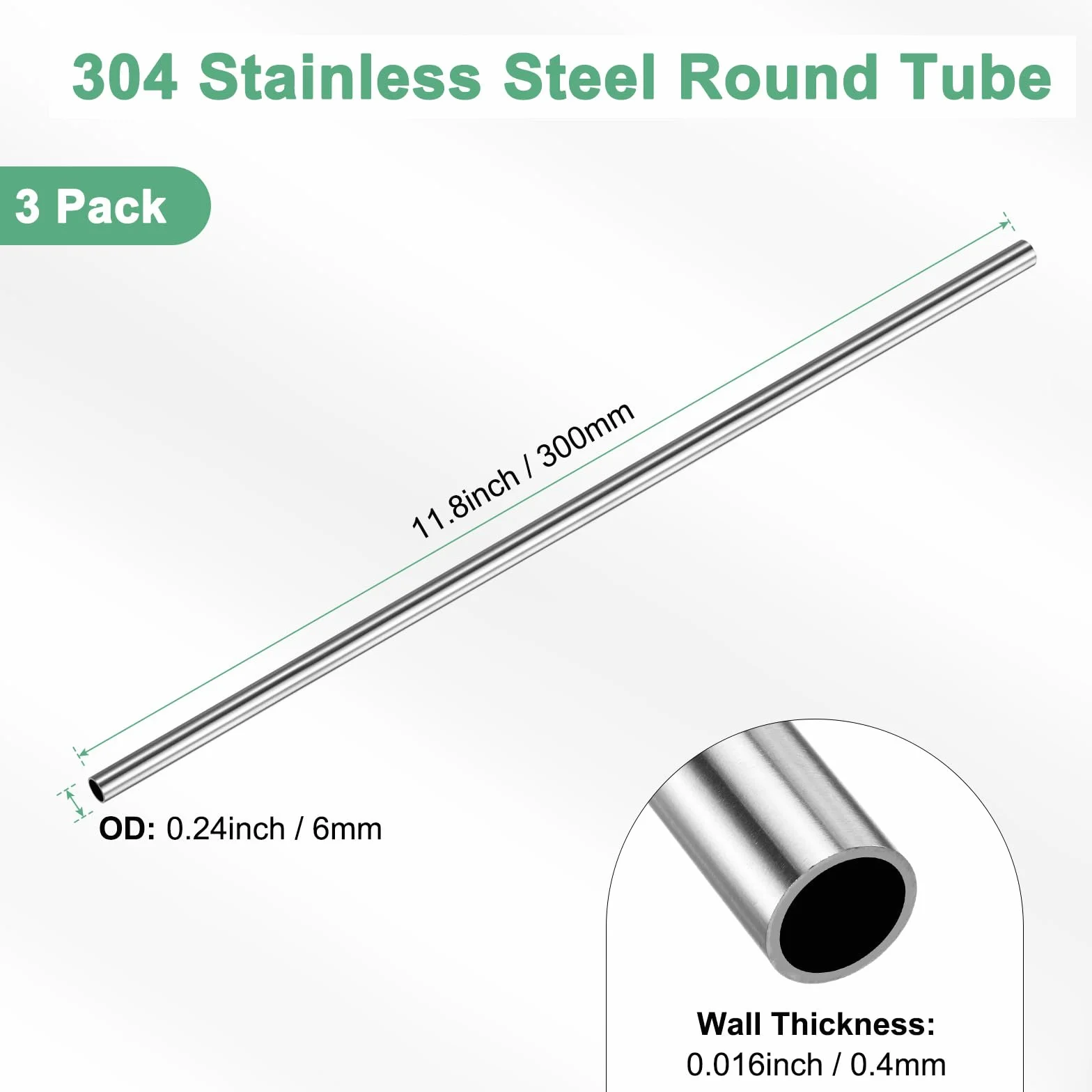 M METERXITY 3-Pack Tubo Inossidabile 304 300mm 6mm Diametro Esterno 0.4mm Spessore Parete Senza Saldatura