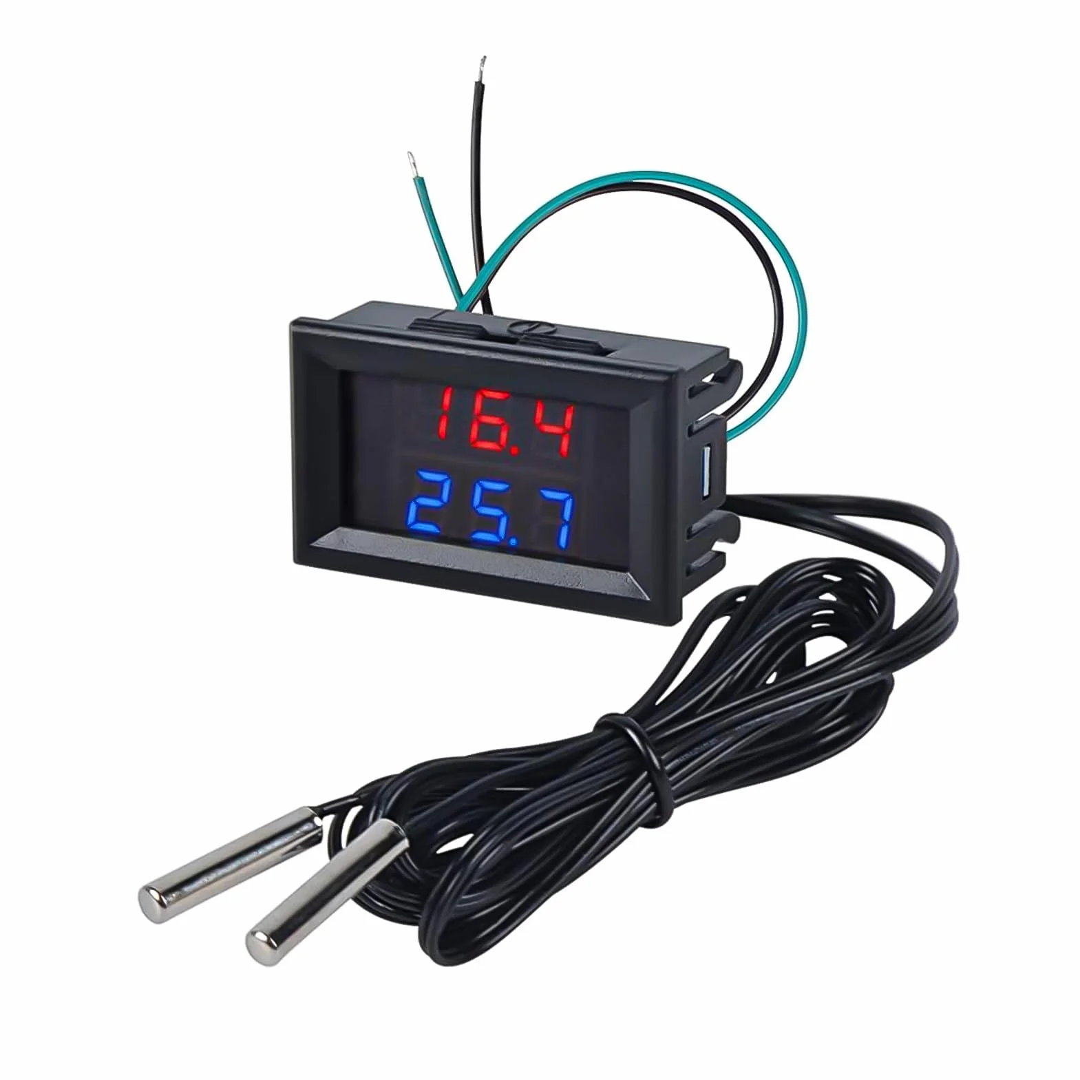 Termometro digitale a LED doppio display con 2 sonde impermeabili DC 4-28V -55°C a +120°C per acquario frigorifero incubatore