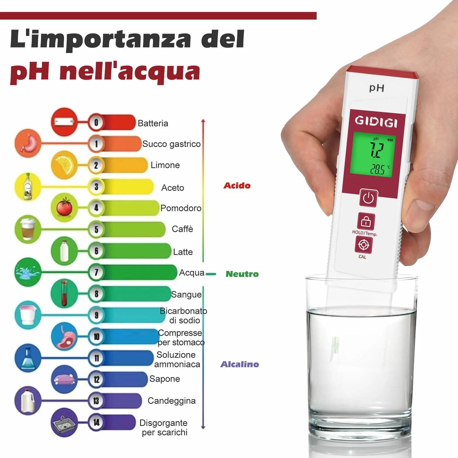 Misuratore di pH per acqua con display a colori, misuratore di pH digitale professionale, kit di calibrazione del pH analizzatore di qualità dell'acqua per piscine, terme, idroponica, acquari e