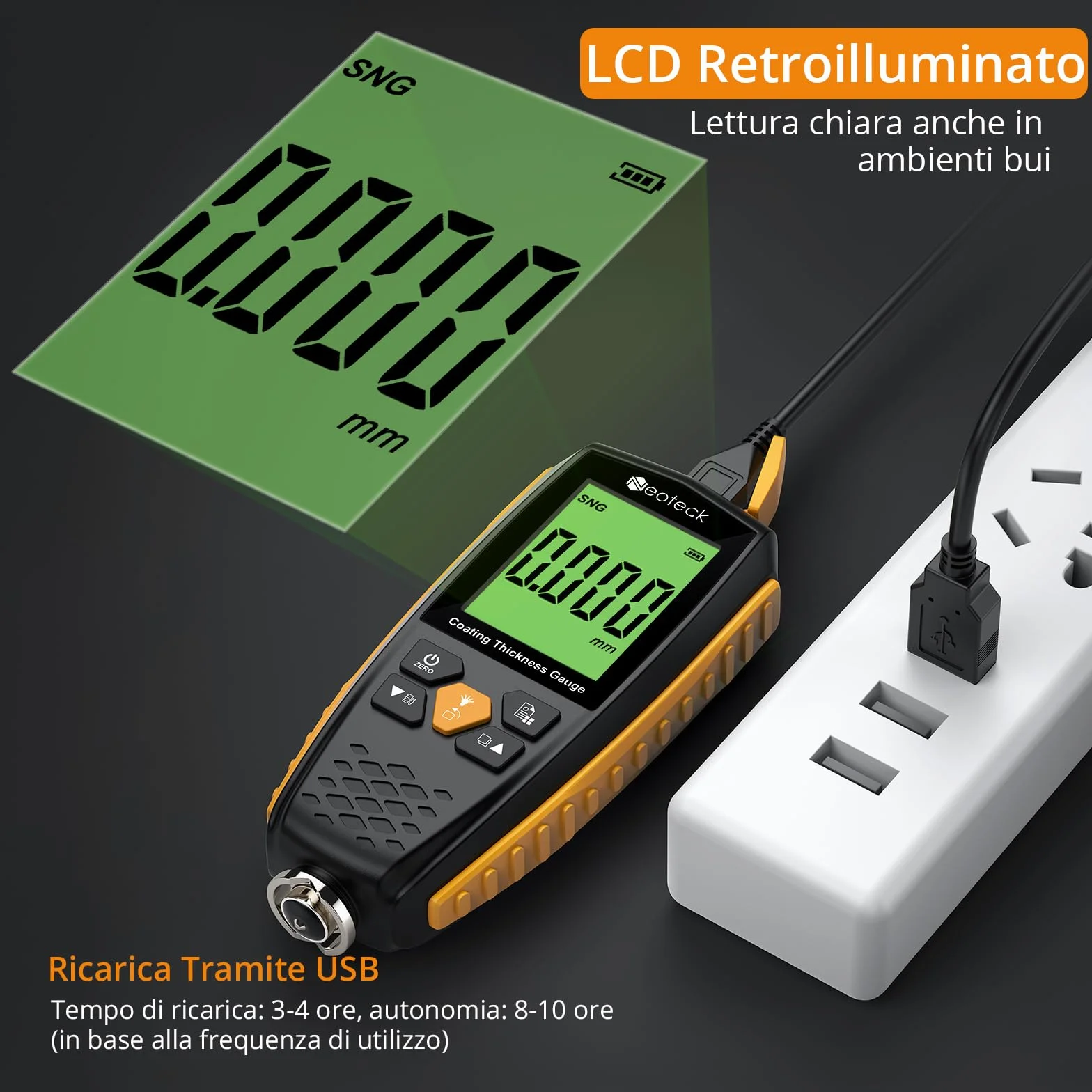 Neoteck Misuratore di Spessore Vernice 0-1300um Spessimetro LCD Retroilluminazione Auto Spegnimento Automatico
