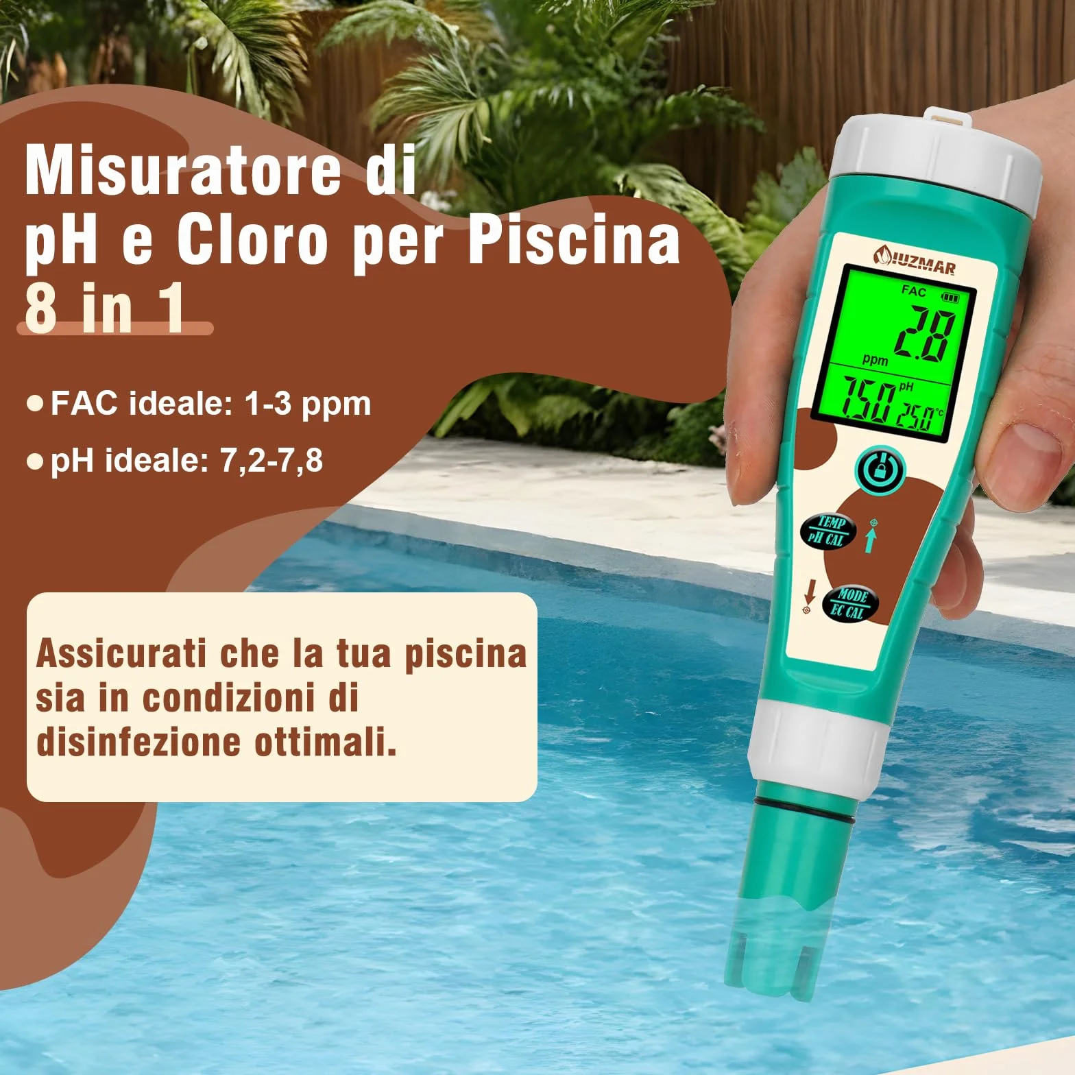 UIUZMAR Misuratore di pH e Sale cloro per piscina, Tester di pH e ORP per Idrogeno per Acqua Potabile, 8 in 1 pH, Sale, Cloro, H2, ORP, EC, TDS, Temperatura per Idroponica, Acquario