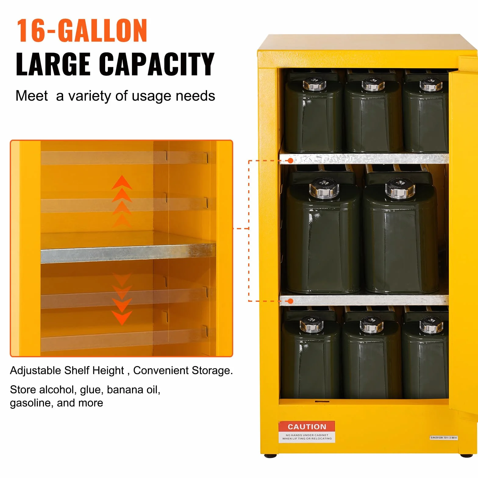 VEVOR Armadio di Sicurezza Infiammabili 16 Gal Acciaio Laminato Freddo 18,1x18,1x35,4 Pollici Antideflagrante 2 Ripiani Regolabili