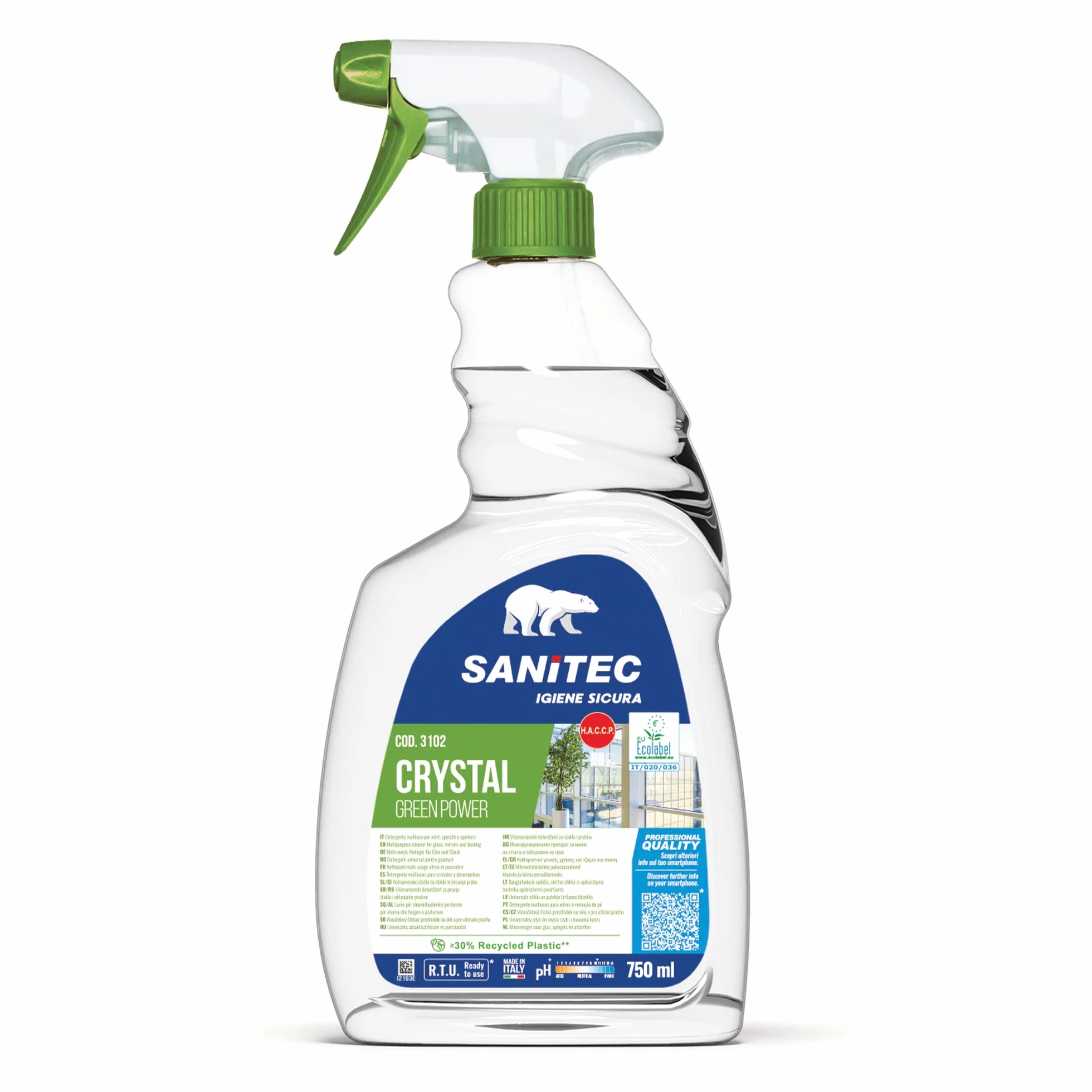 SANITEC igiene sicura Vetri Green Power Detergente Spray Ecologico Multiuso per Vetri Cristalli e Specchi 750 ml