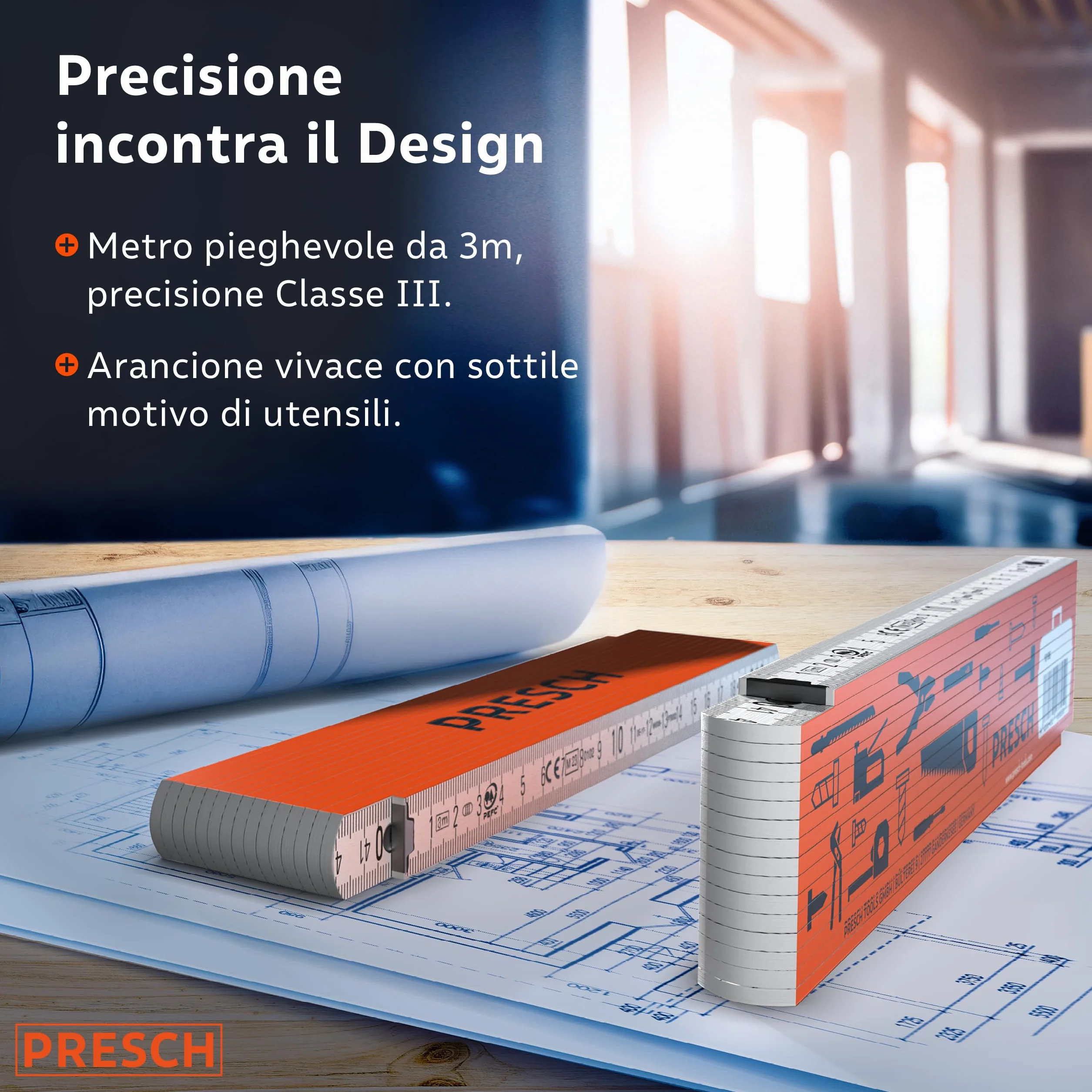 Presch Metro Pieghevole da 3 Metri con Scala degli Angoli - Legno Arancione - Numeri Grandi - Metro Righello con Motivo Strumenti