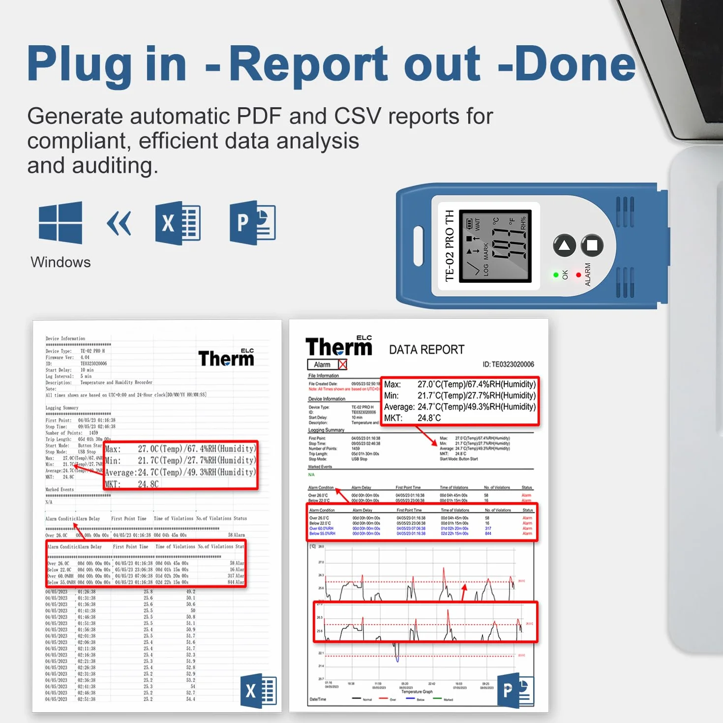 ThermElc TE-02 Pro TH Registratore Di Temperatura e Umidità, 32.000 Punti, Con Report CSV e PDF, Confronto Dati Multi Dispositivo, Calcolo MKT