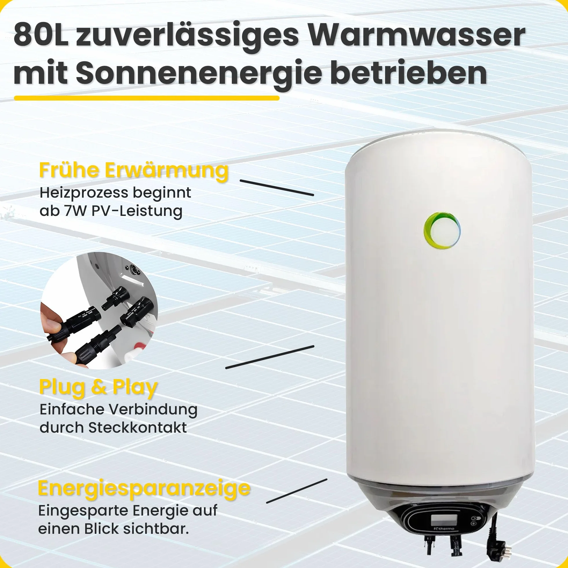 Offgridtec Sistema scaldabagno solare 900 W Caldaia ibrida Fothermo 80 l, Plug & Play, backup 230 V fino a 1500 W, temp. massima 65 °C, doppio pannello solare bifacciale