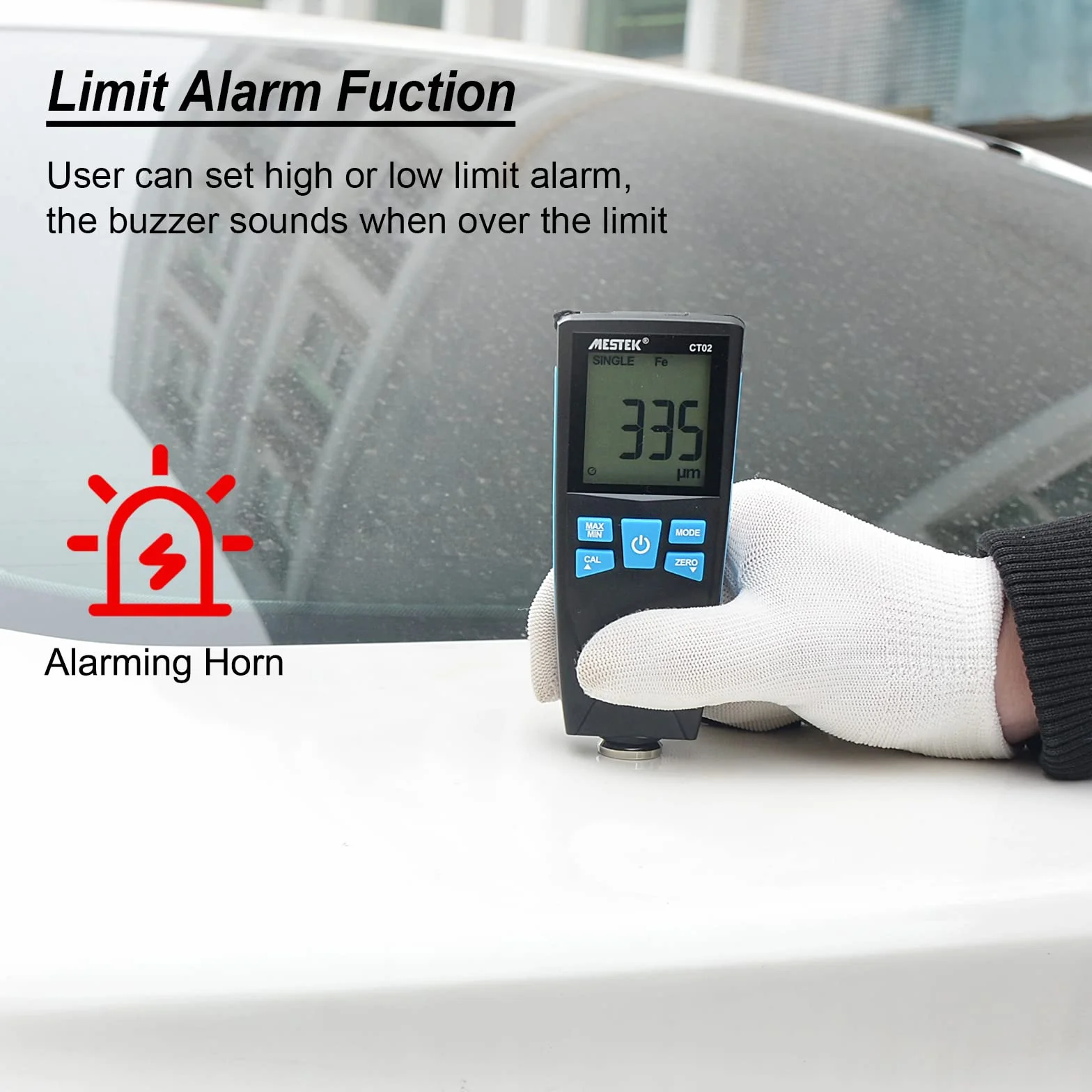 MESTEK Spessimetro Vernice Misuratore di Spessore del Rivestimento 0-1500um LCD-Display 2 Messmodi Hoch/Tief Alarm