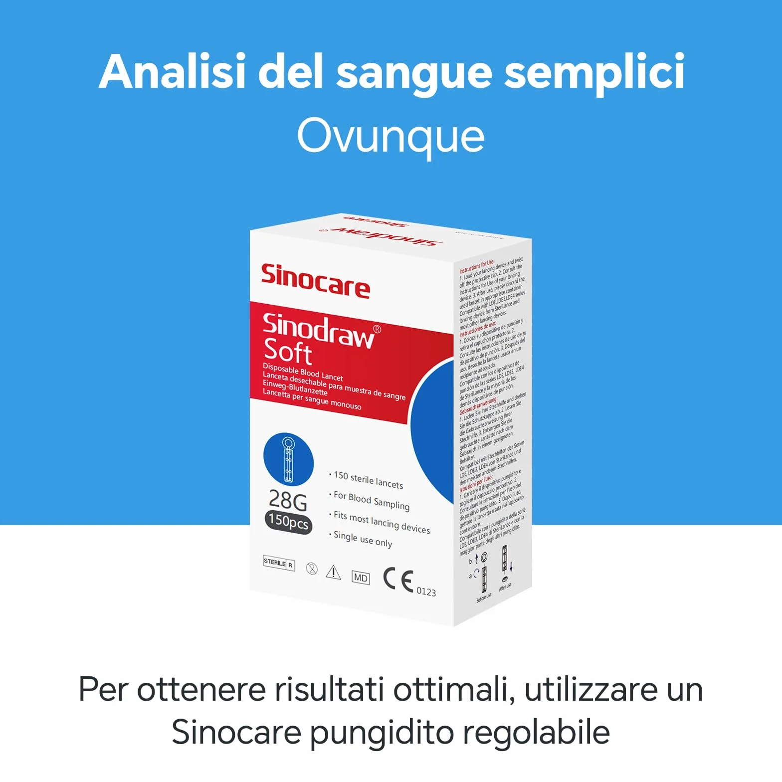 Sinocare Lancette per Glicemia, Aghi per Glicemia 28G dolore basso (150 Pz)