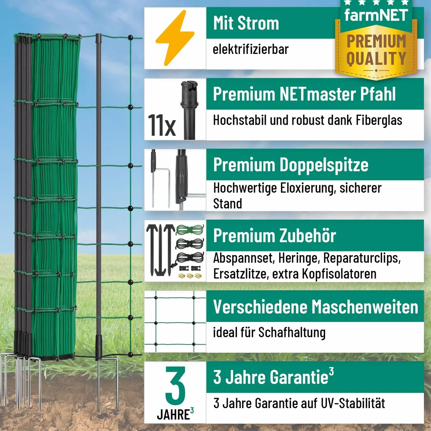 VOSS.farming farmNET+ Rete elettrificabile per Pecore 25 m 90 cm 2 Punte Verde