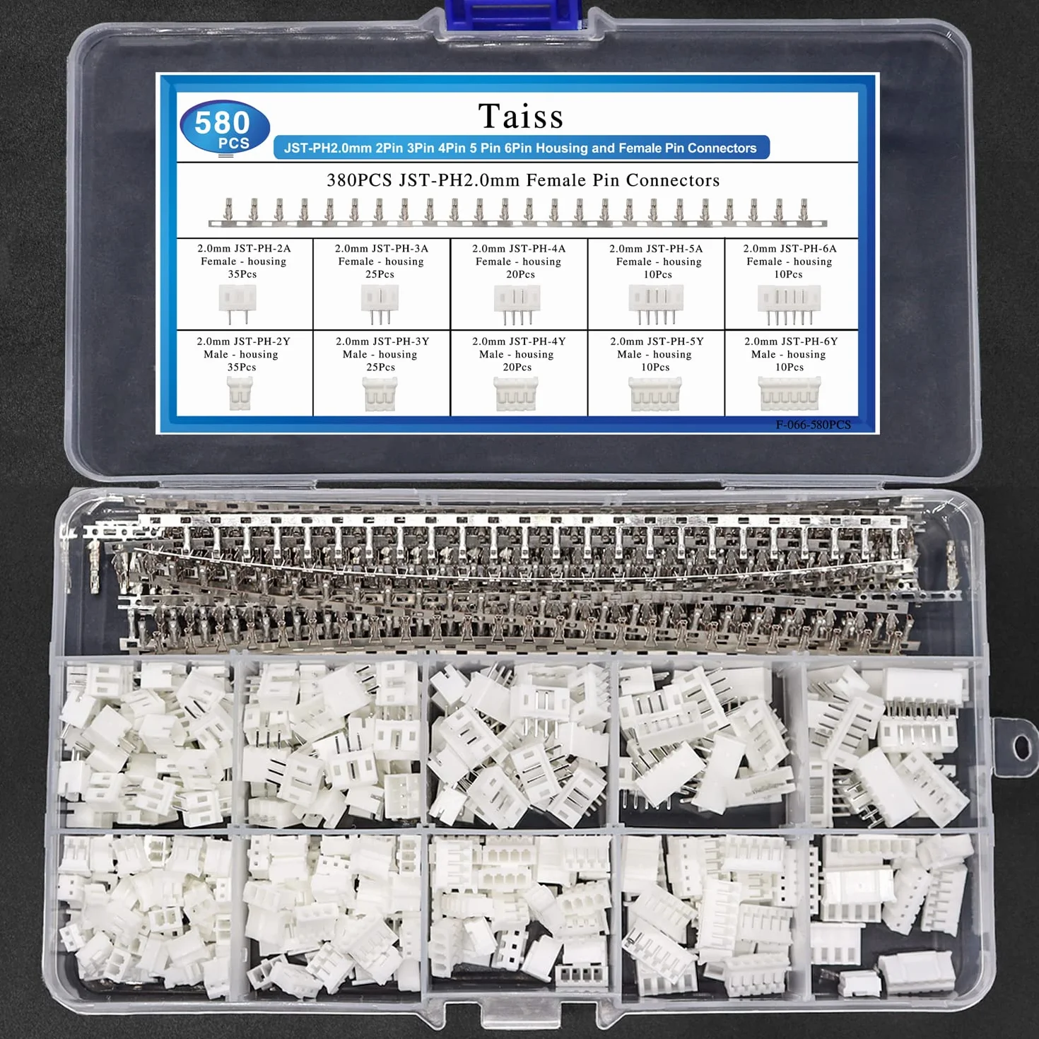 Taiss 580 pezzi Kit del connettore JST PH 2,0mm 2/3/4/5/6 pin Connettore Adattatore Terminale Maschio Femmina connettore spina del connettore del cavo,connettore femmina da 2.0mm F-066-580PCS