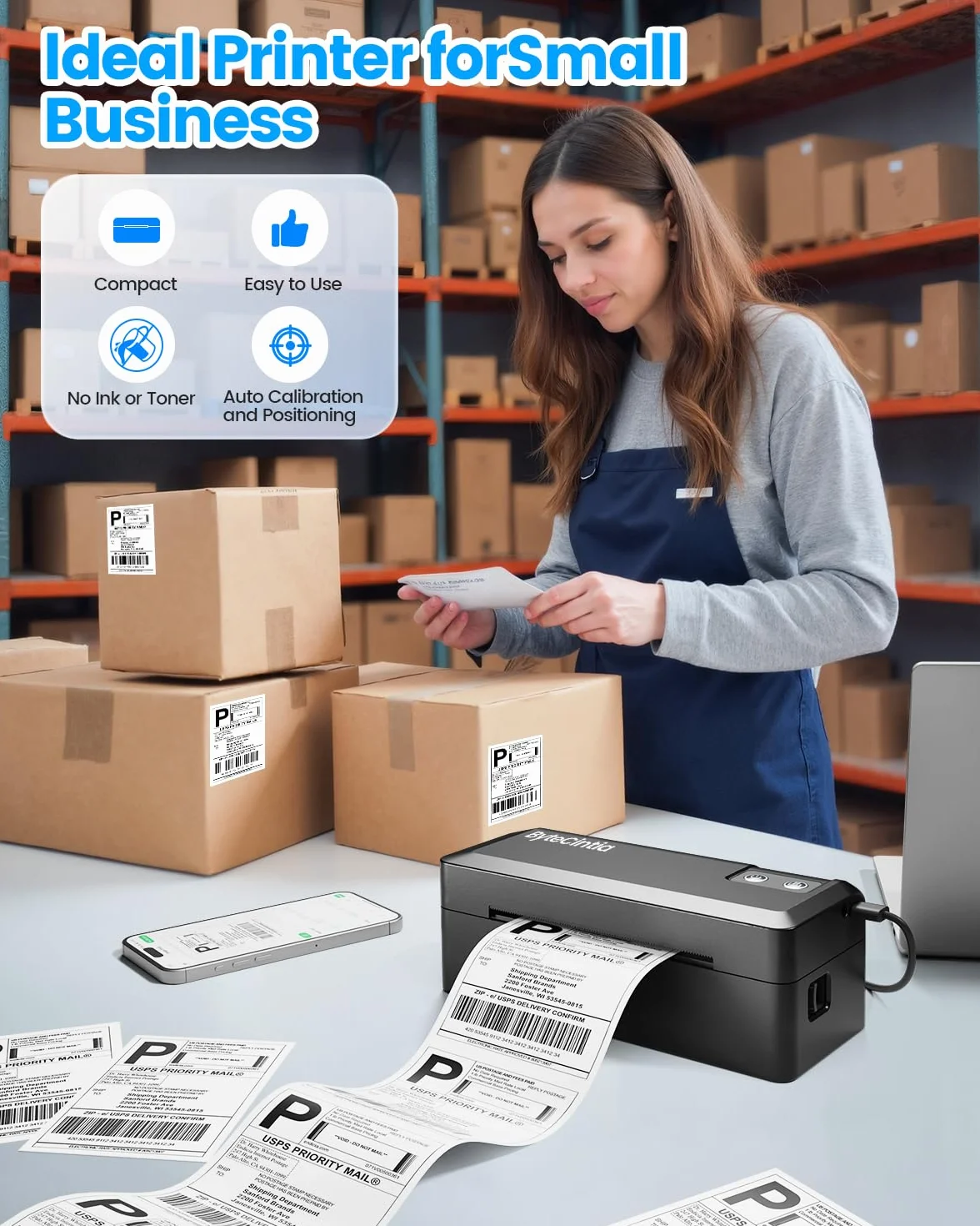 Stampante Termica Etichette Bluetooth, Stampante Etichette Spedizione 4x6 (10x15cm), Stampante di Etichette Postali per Aziende, Compatibile con Amazon, Shopify, DHL, DPD