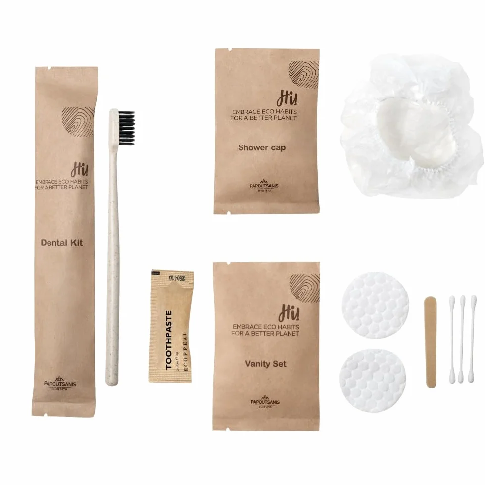 Ecologico Hotel Amenities Set Cortesia w kraft, Kit powitalny z szczoteczką i pastą do zębów, czepek prysznicowy, Vanity set (10)