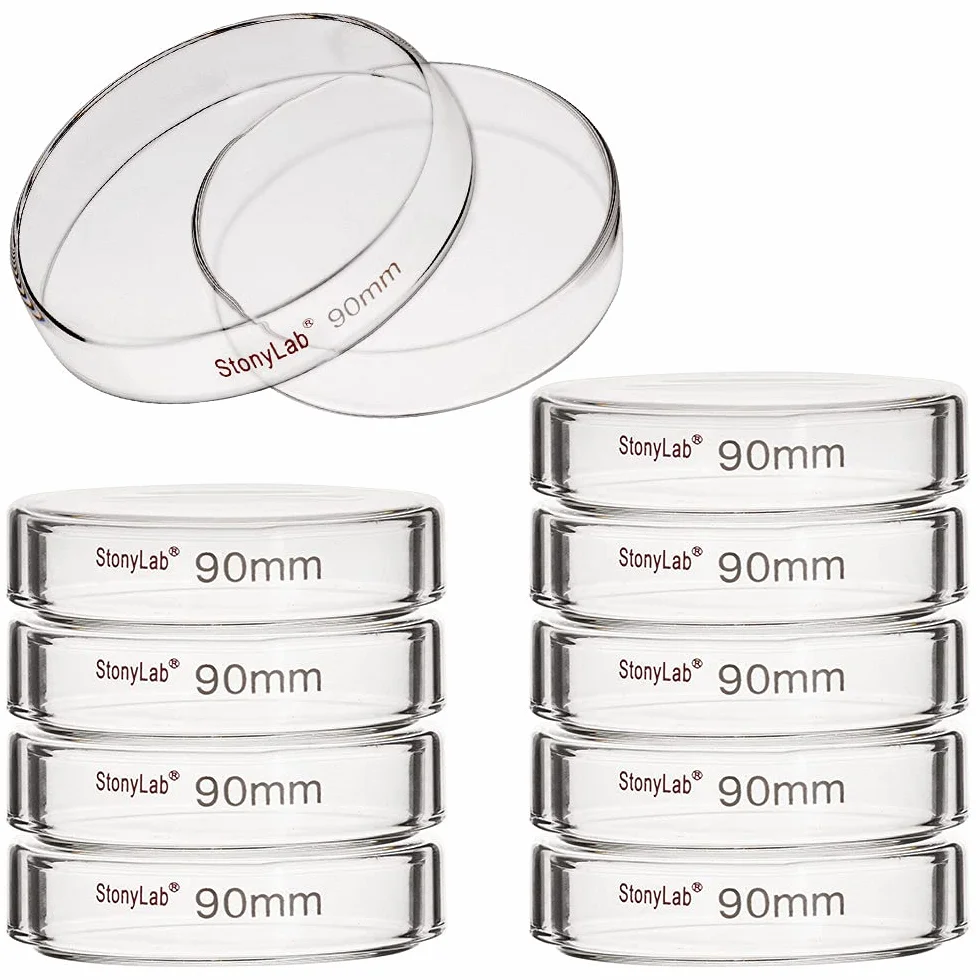 Stonylab 10pz Piastre Petri Vetro, 90x20 mm Piastre per Colture Cellulari in Vetro Borosilicato Autoclavabili Piastre Petri con Coperchio Trasparente per Laboratorio