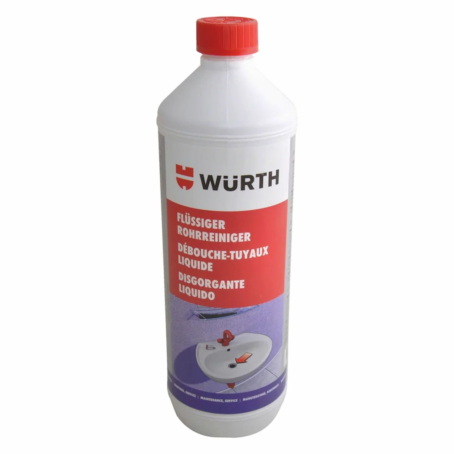 Würth Pulitore per scarichi liquidi, detergente per tubi, efficace contro intasamenti e capelli, per doccia, bagno, bagno, WC, lavandino, cucina, sifone 1000 ml