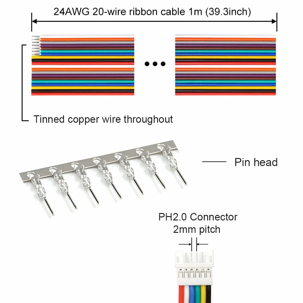 Kit connettori JST PH 2.0 Basetta pin e cavo a nastro Passo 2,0 mm JST PH - Alloggiamento femmina pin maschio 2/3/4/5/6/7/8