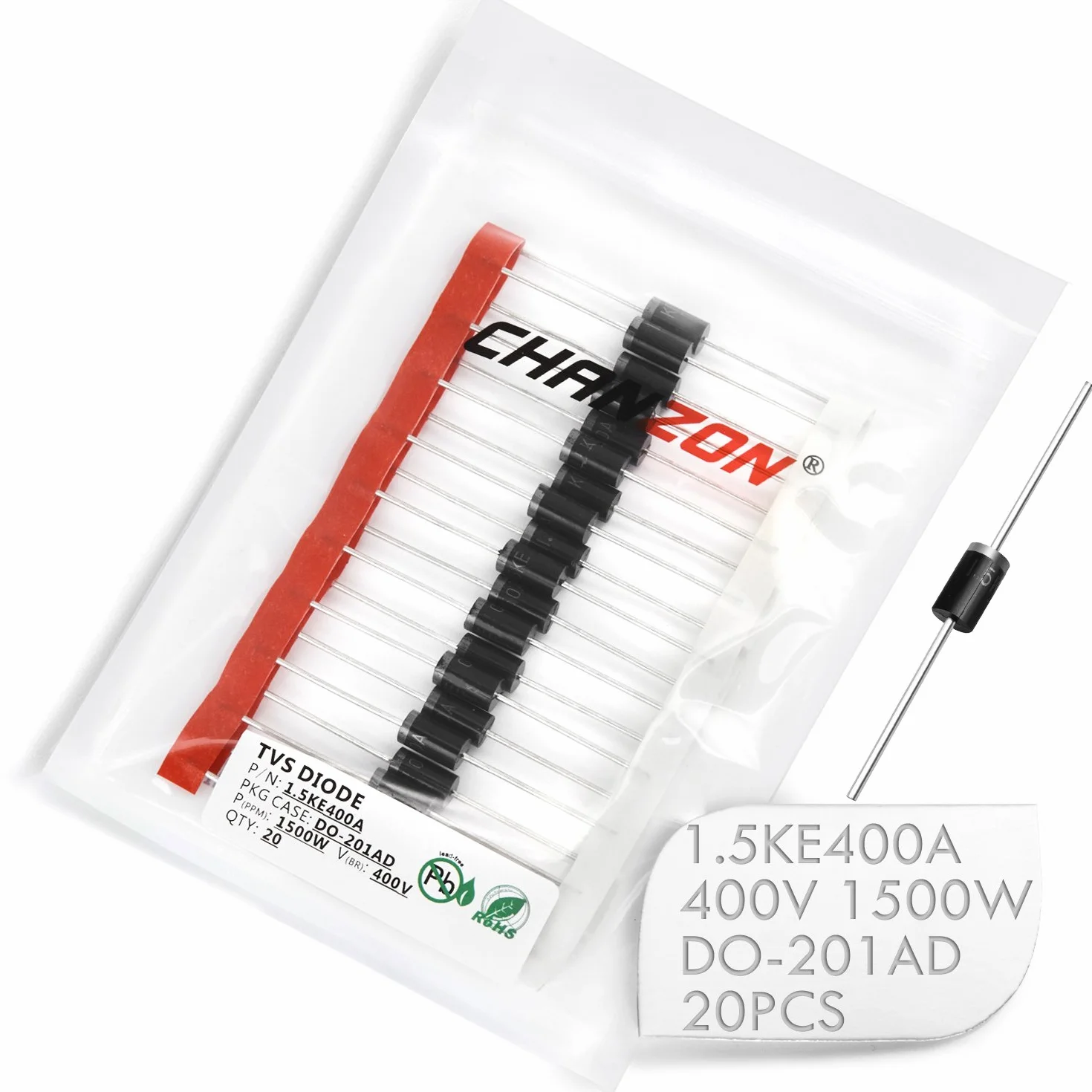 Chanzon Diodi TVS 1.5KE400A 1500W 400V DO-201AD Unidirezionale Confezione 20 pezzi