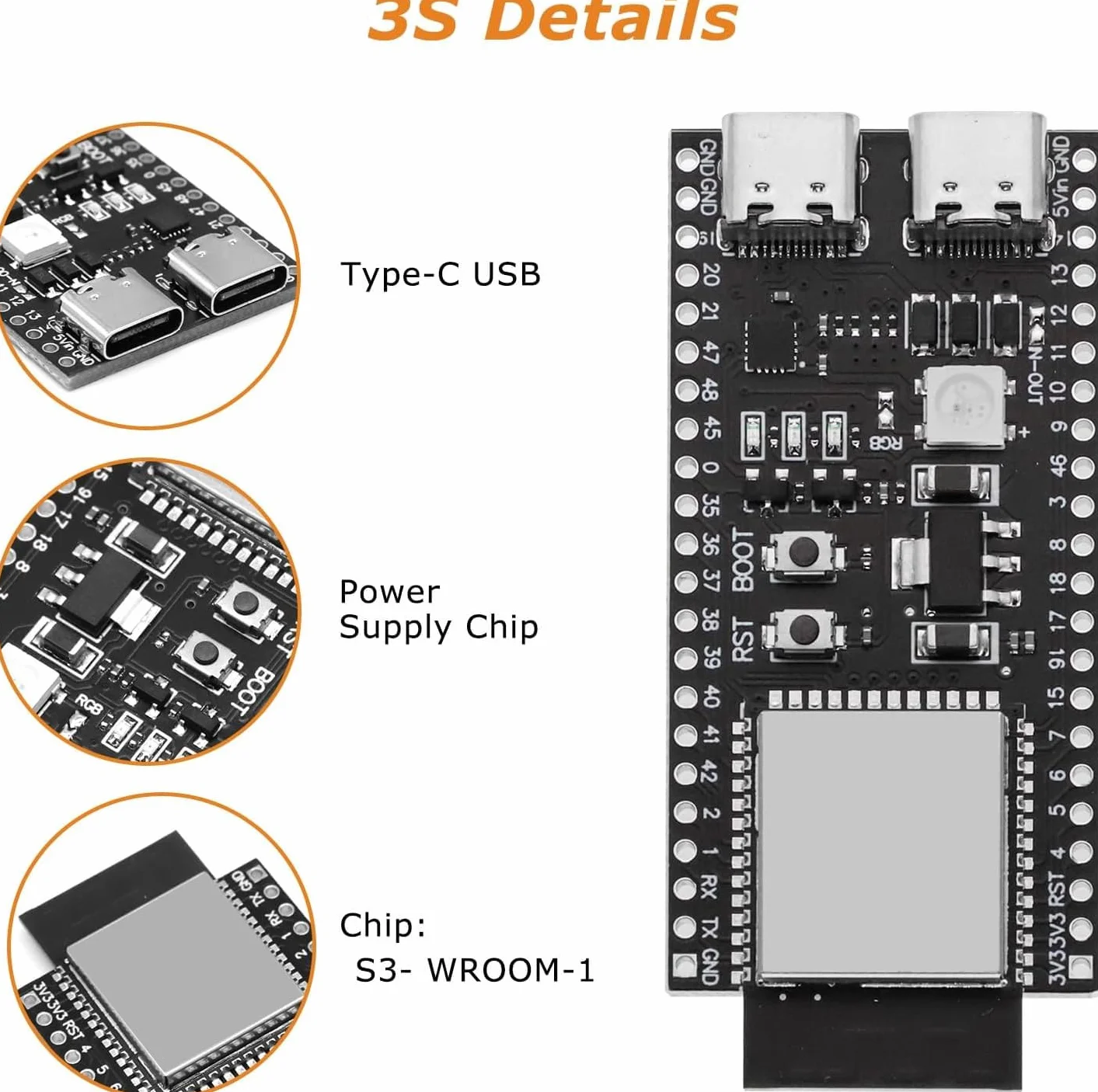 Binghe 3 pezzi S3 Schede di sviluppo, S3-DevKitC-1 con WROOM-1-N16R8 16M di espansione flash esterna 8M PSRAM con WiFi, Bluetooth 5.0 Compatibile con Arduino