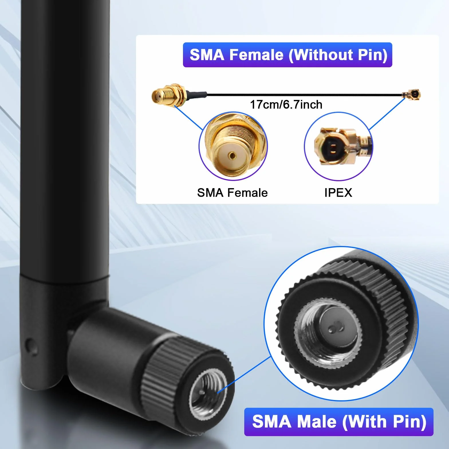 868MHz Antenna LoRa 5 dBi SMA M + IPEX to SMA F Cable for Meshtastic ESP32 LoRa Board, LoRa32 V3 (3 Pieces)