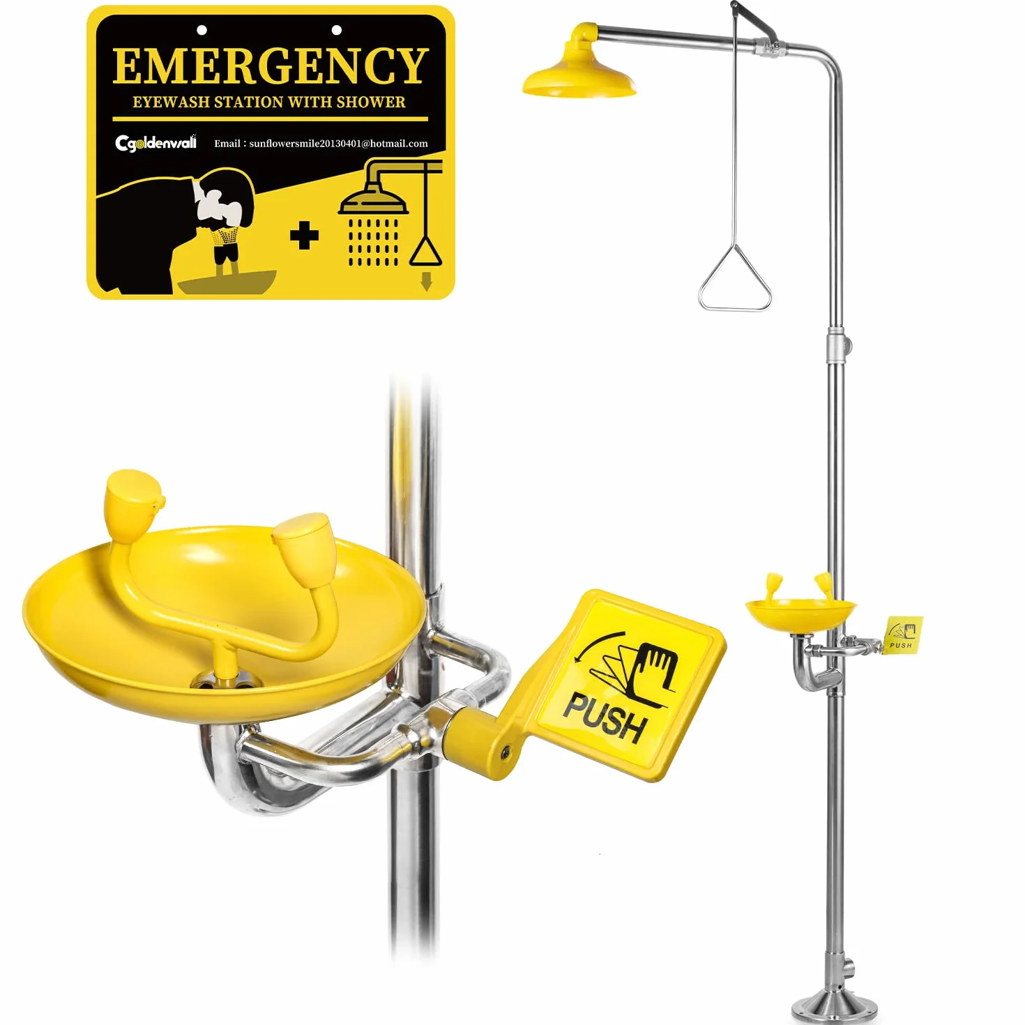CGOLDENWALL Stazione Combinata Lavaocchi e Doccia d'Emergenza, Acciaio Inox 304, Vasca ABS, 12L/Min & 75,7L/Min, Filtro Antideflagrante per Uso Industriale