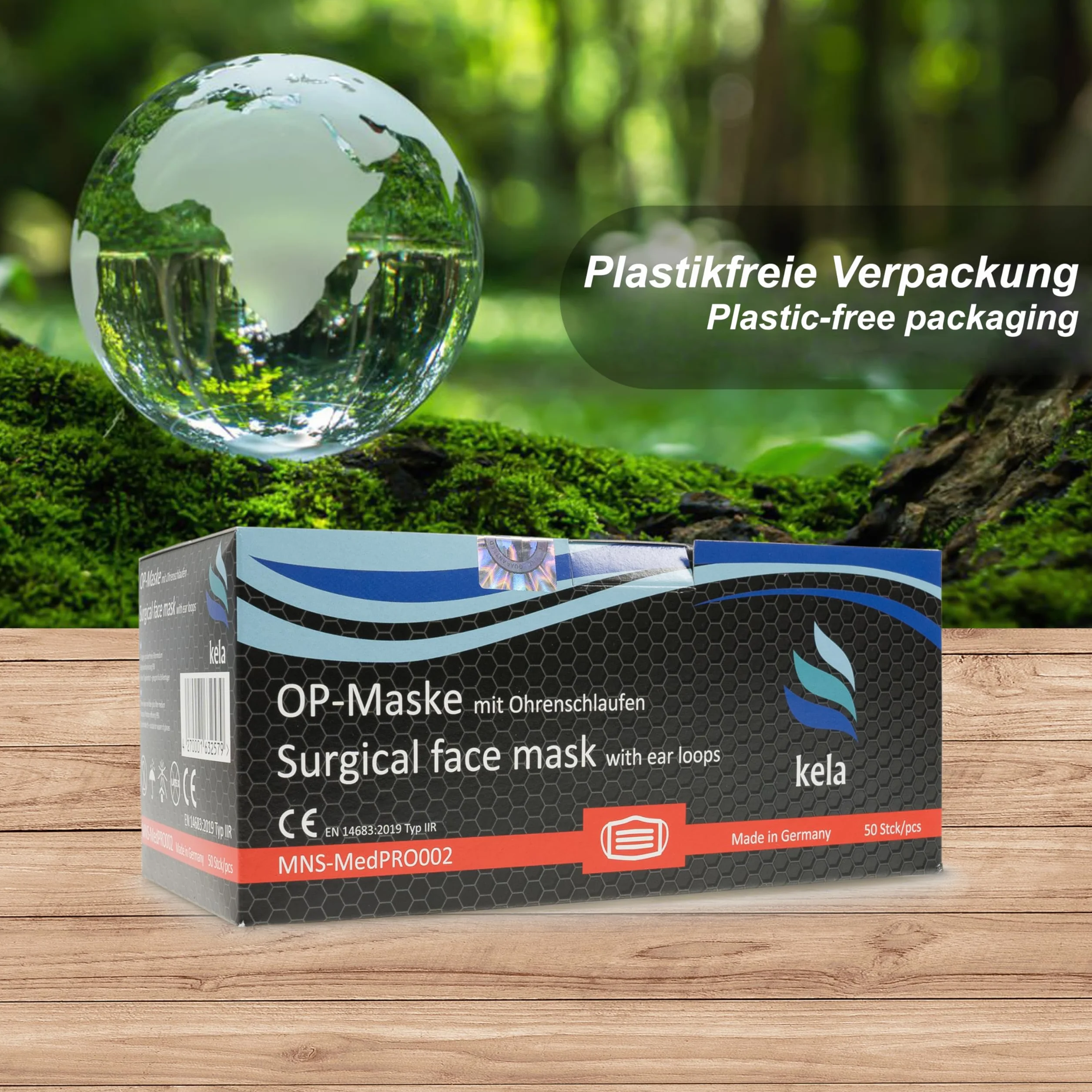 Kela maschere OP nero 100% Made in Germany maschera medica usa e getta certificazione CE DIN EN 14683 tipo II BFE > 98% 3 strati (50)