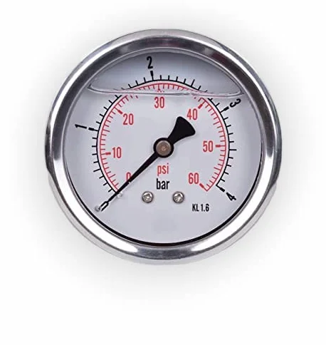 Manometro glicerina attacco assiale, in acciaio inox IP65 63 mm con connettore posteriore, 1/4 glicerina (0-4 bar)